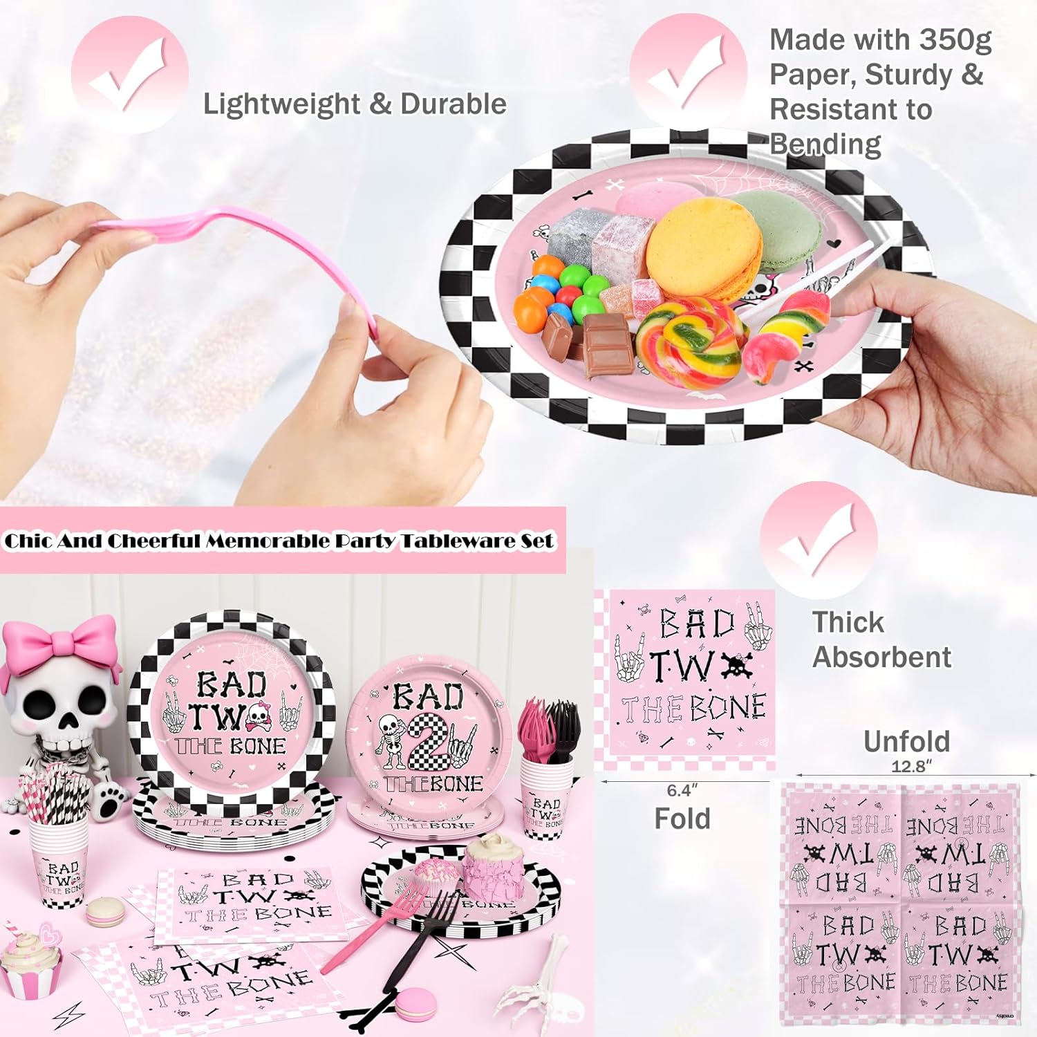 Costova Bad Two the Bone Party Supplies for Girl – 178 PCS Bad 2 the Bone Party Decorations Includes Tableware Set, Tablecloth, Plates, Banner, Cake Topper, Napkins for Girl 2nd Birthday, Serves 24