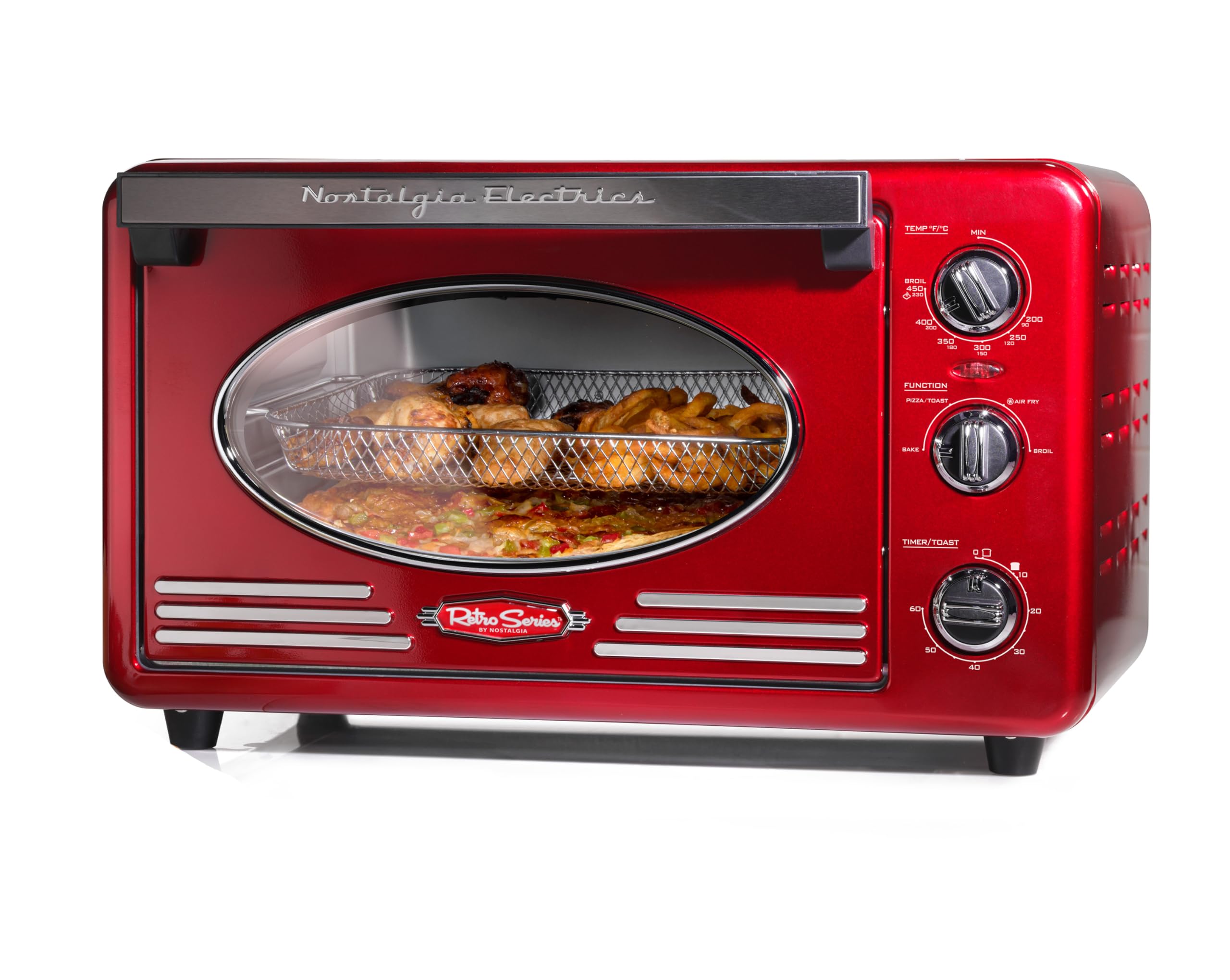 Nostalgia 0.7 Cu Ft Retro Air Fryer Oven with Bake, Toast, Air Fry, and Broil Functions | Large Capacity Fits 12 Slices of Bread, Two 12 in. Pizzas | Red
