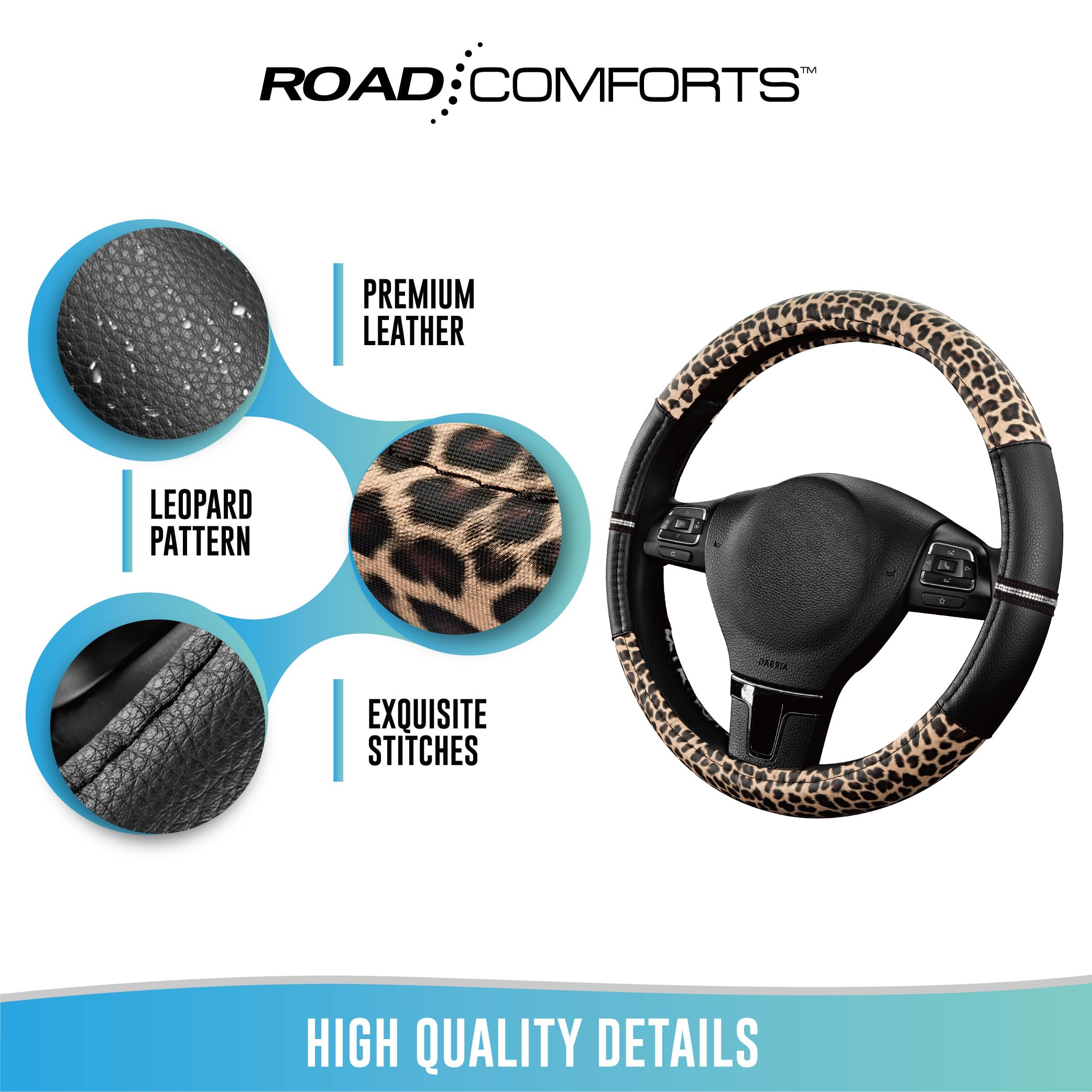 Road Comforts Leopard Steering Wheel Cover - Made with PVC Leather Cheetah Print - Anti-Slip Universal Fit 14 — view 6