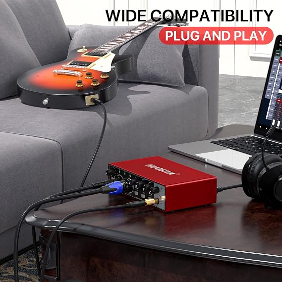 USB Audio Interface for PC Computer Recording Music, Red Guitar Audio Interface for Mac 24Bit/192kHz Podcasting Streaming for Vocalist Producer with 48V Phantom Power