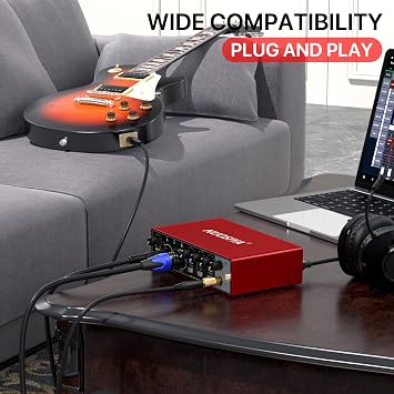 USB Audio Interface for PC Computer Recording Music, Red Guitar Audio Interface for Mac 24Bit/192kHz Podcasting Streaming for Vocalist Producer with 48V Phantom Power