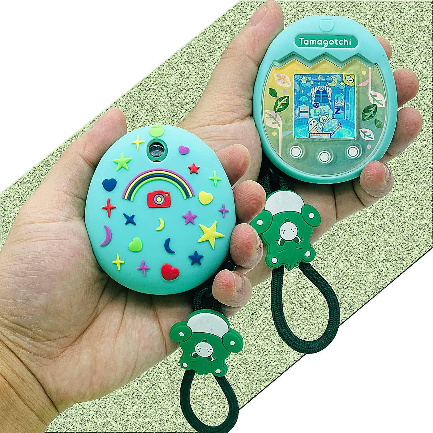 Silicone Cover Case for Tamagotchi Pix Interactive Virtual Pet Game Machine, Protective Skin Sleeve Shell for Tamagotchi Pix with Finger Lanyard (Green Cover)