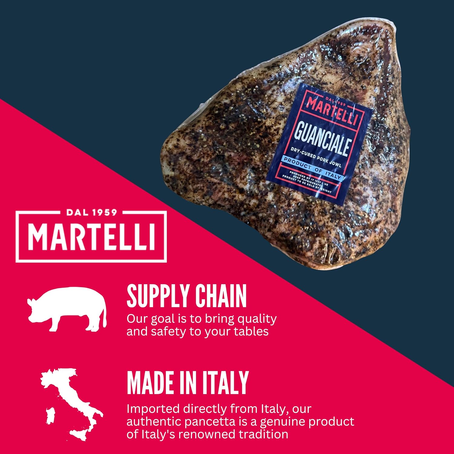 Guanciale from Italy (approx. 4 lbs) – Italian Dry Cured Pork Jowl, MARTELLI – Gluten-Free, Dairy-Free, Lightly Smoked & Aged – Product of Italy