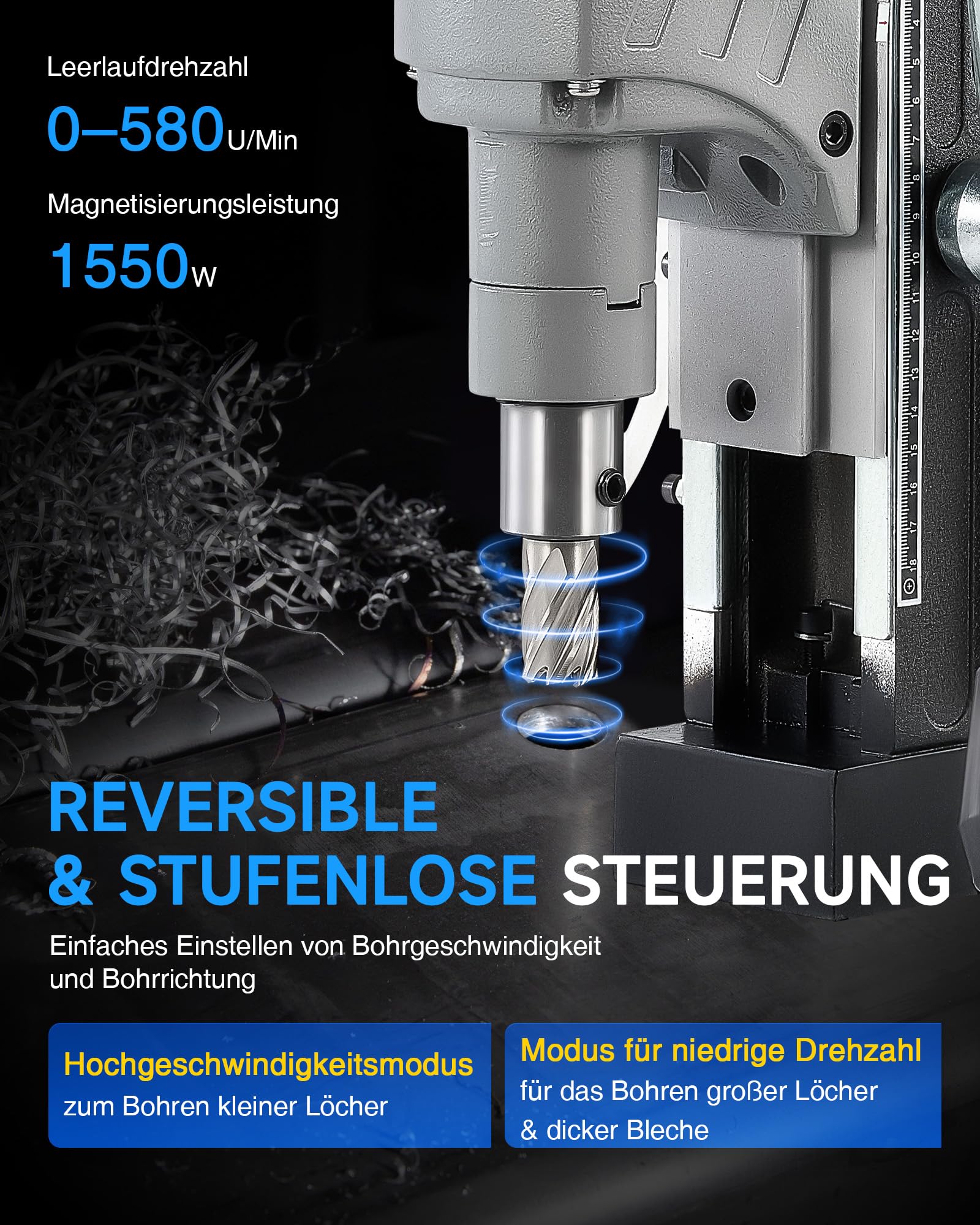 ZELCAN Magnetbohrmaschine 1550W Standbohrmaschine 11 Bohrer 13000N Tischbohrmaschine 580RPM Variable Geschwindigkeit 50mm Max. Durchmesser für Heimwerk Industrie Eisenbahn Schiffsbau, Höhenverstellbar