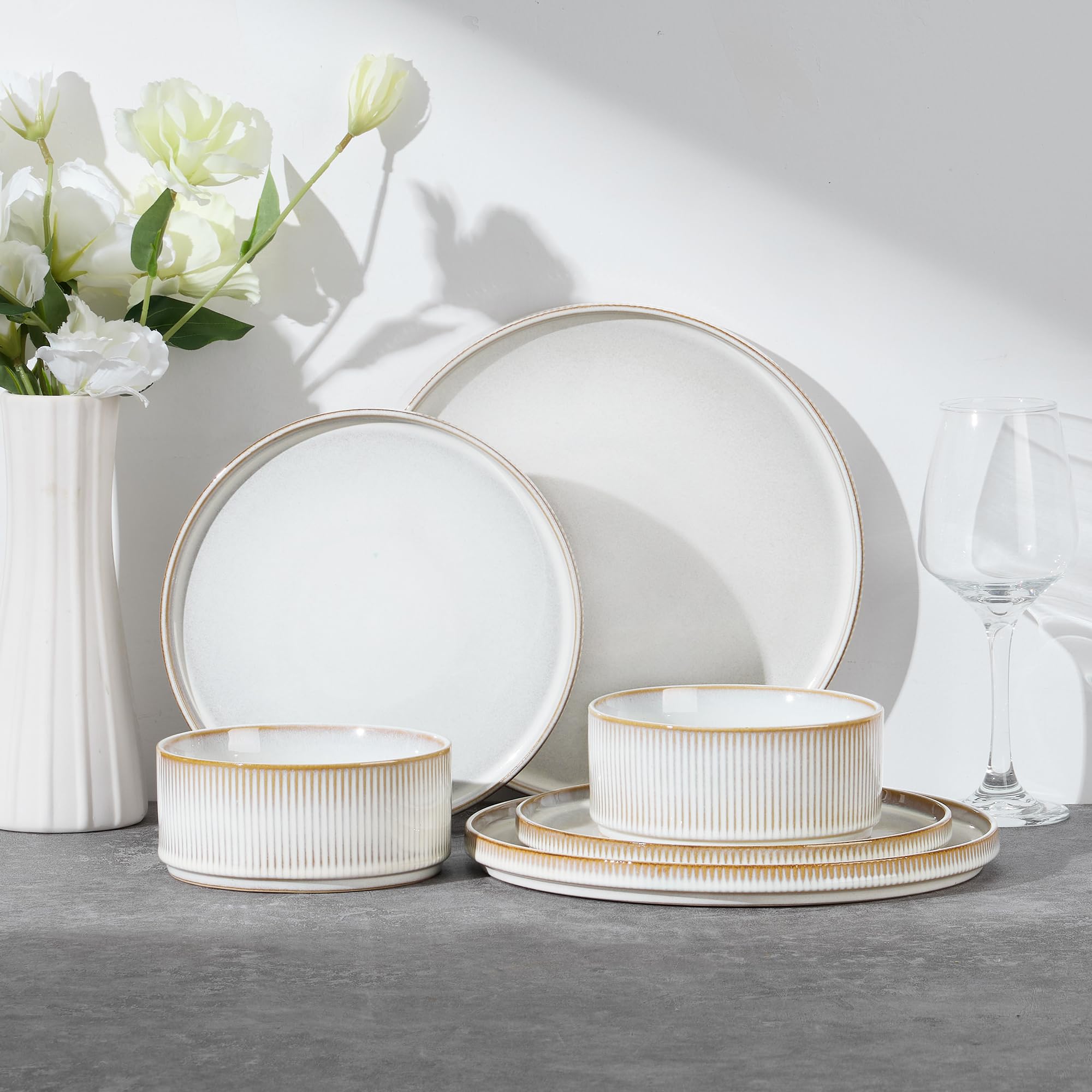E-far Stoneware Dinnerware Sets for 2, 6-Piece Plates and Bowls Sets, Chip &amp; Scratch Resistant Ribbed Dish Set for Home Restaurant, Microwave &amp; Dishwasher Safe, Creamy Beige