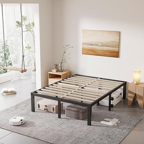 Cleaniago Marco de cama de tamaño individual, soporte de listones de madera, 16 pulgadas de alto, resistente soporte de 3500 libras para colchón, no