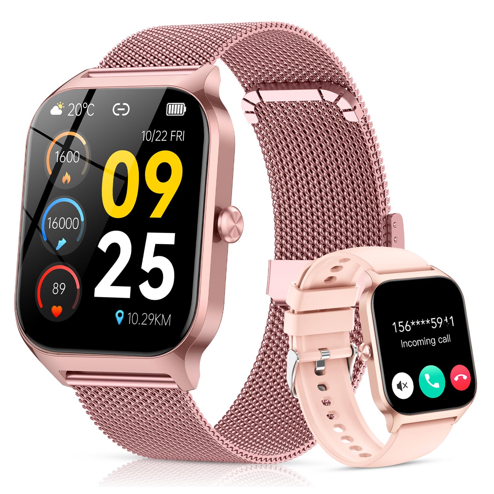 CASCHO Smartwatch Damen mit Telefonfunktion, 1.85'' Smart Watch, 120+Sportmodi Fitnessuhr mit Herzfrequenz/SpO2/Schrittzähler/Schlafmonitor, IP68 Wasserdicht Fitness Tracker für iOS Android,Rosa