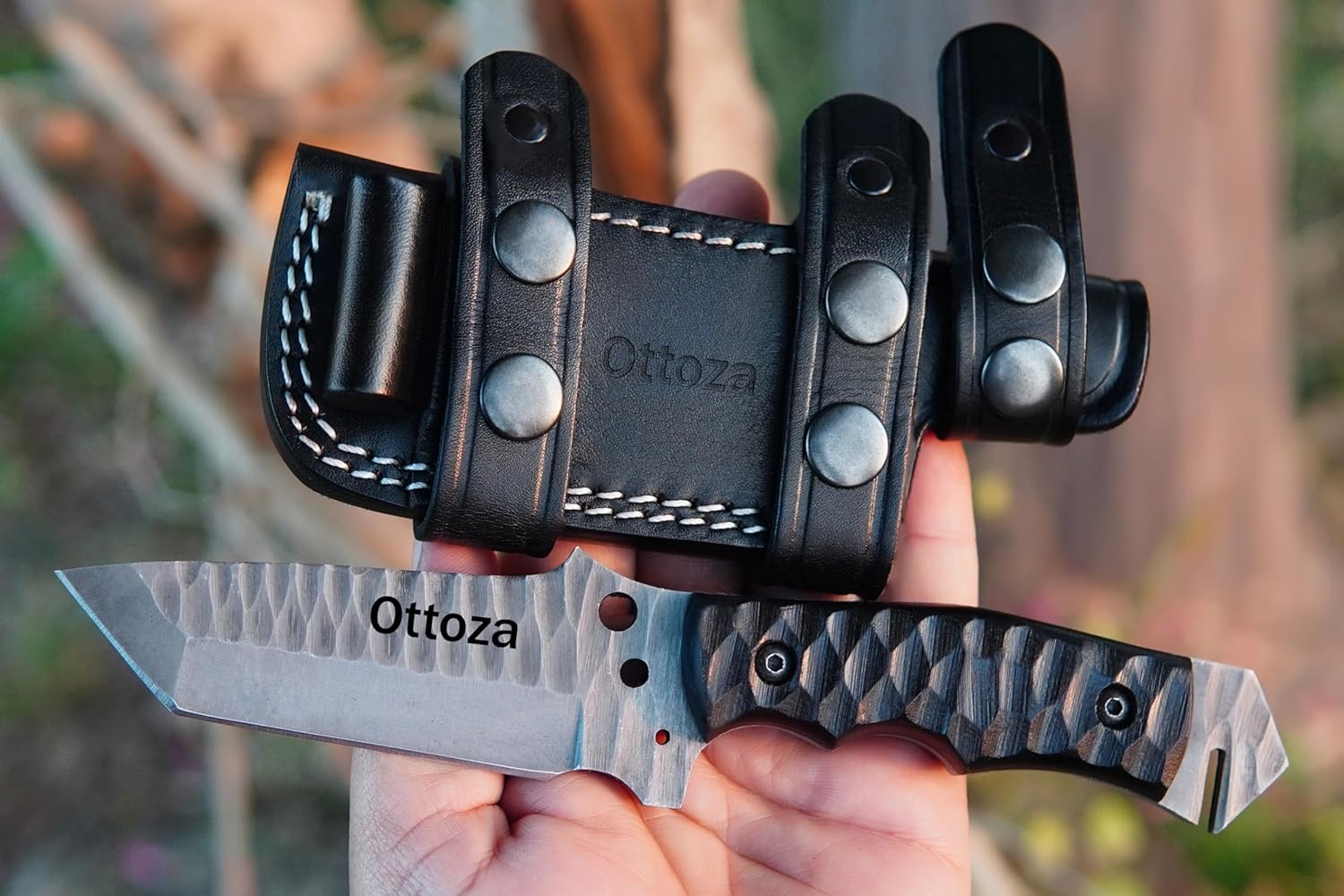 Ottoza Tanto Tactical Knife with Fixed Blade and Horizontal Carry Leather Sheath - Compact EDC Military Knife - Black Micarta Handle 378