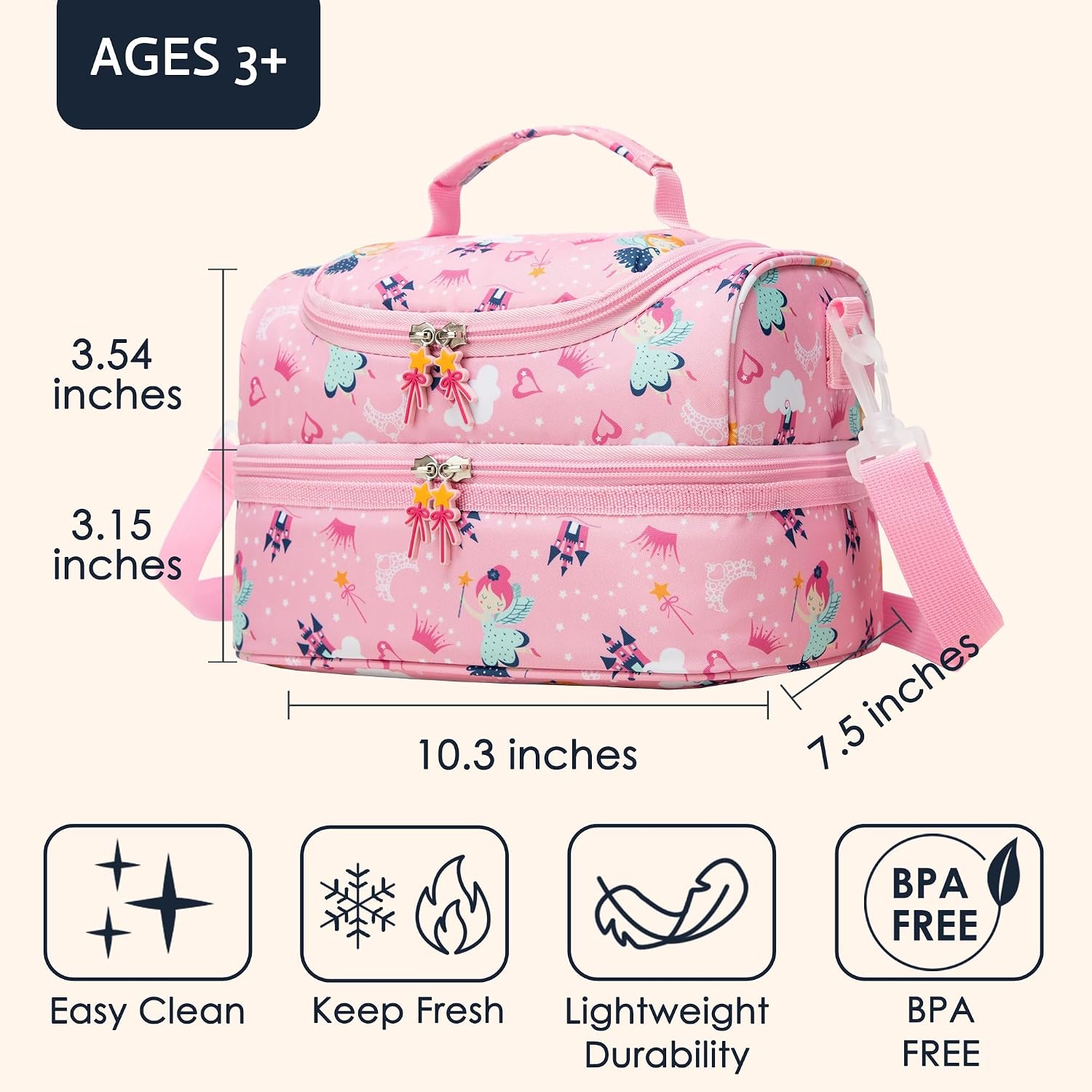 Insulated Kids Dual Compartment Lunch Bags for Girls Toddler School Daycare Cooler Lunch Boxes Bento with Strap Pink Fairy