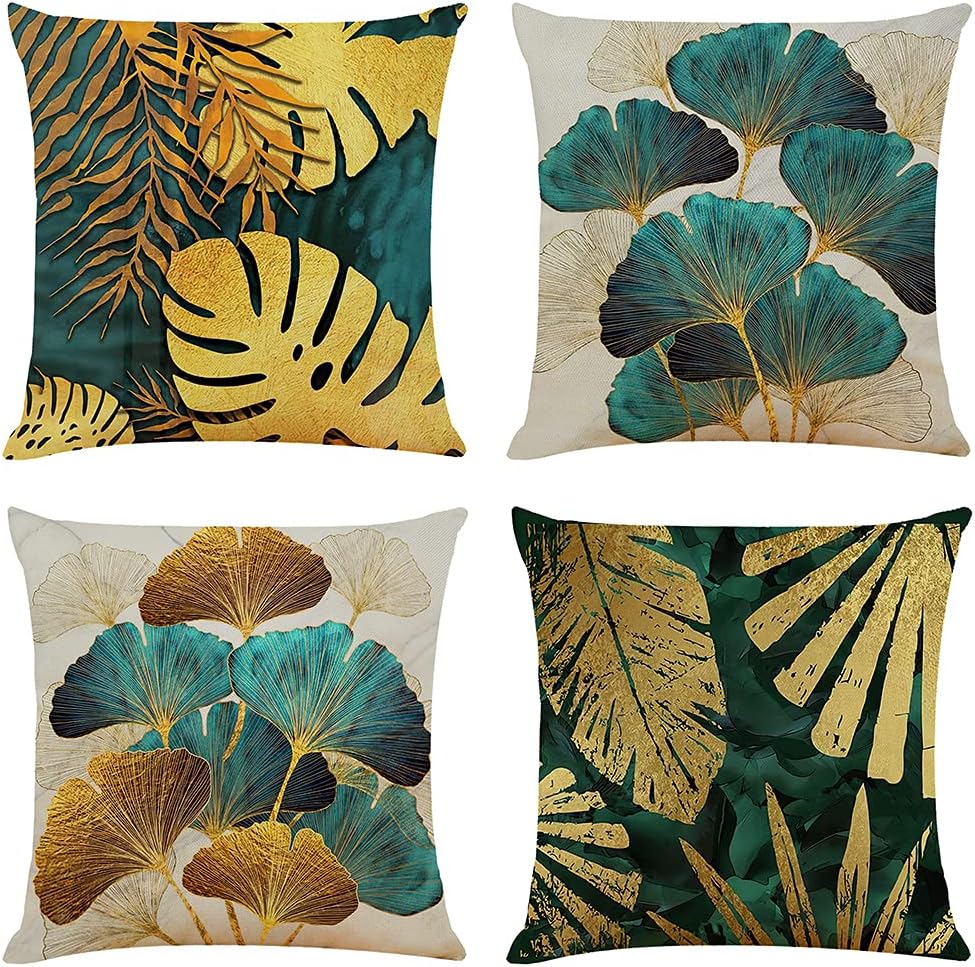 NIULAA Cushion Covers 50cm x 50cm Set of 4 Teal and Gold Leaves Cushion Cover 20x20 Inches Living Room Linen Sofa Cushions Luxury Pillow Cases for Outdoor Garden
