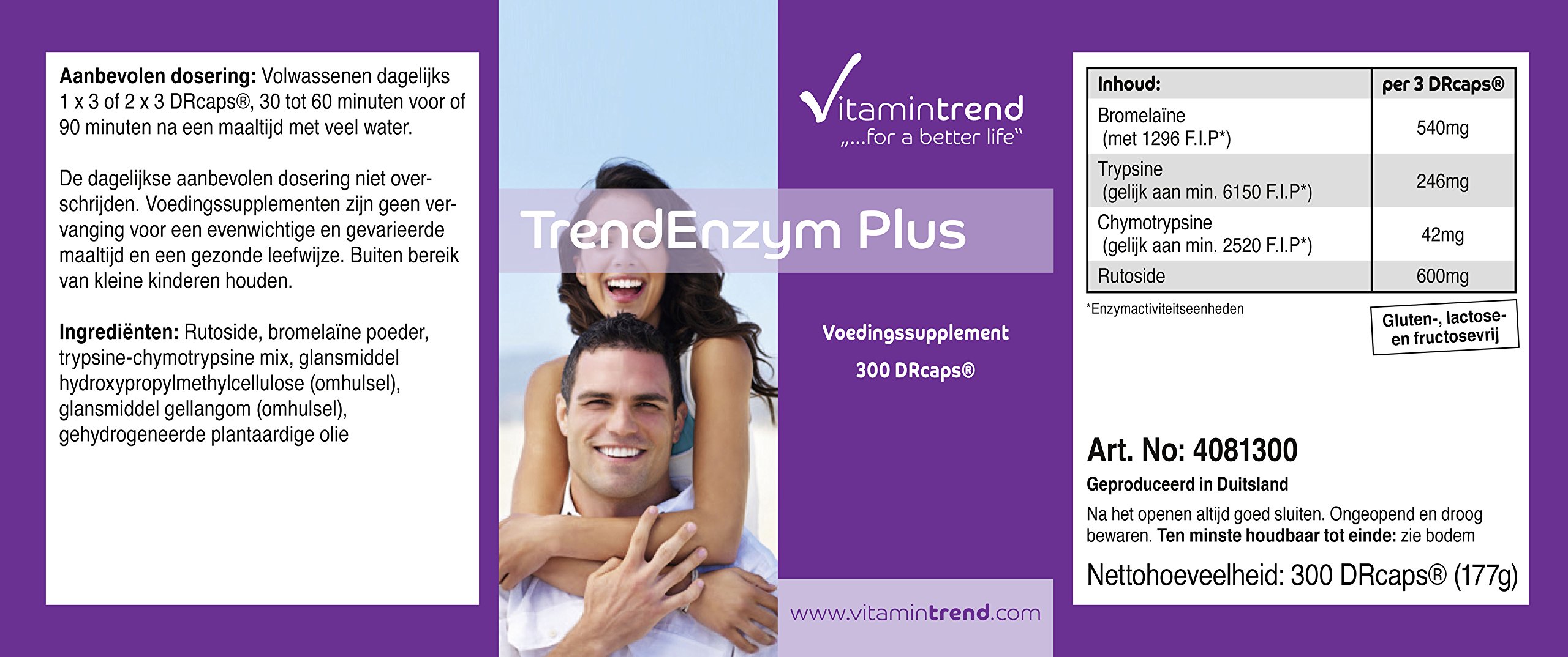 Vitamintrend Complexe enzymatique 300 gélules gastro-résistantes, avec bromélaïne, trypsine, chymotrypsine et rutoside, complément alimentaire végan sans additifs, fabriqué en Allemagne