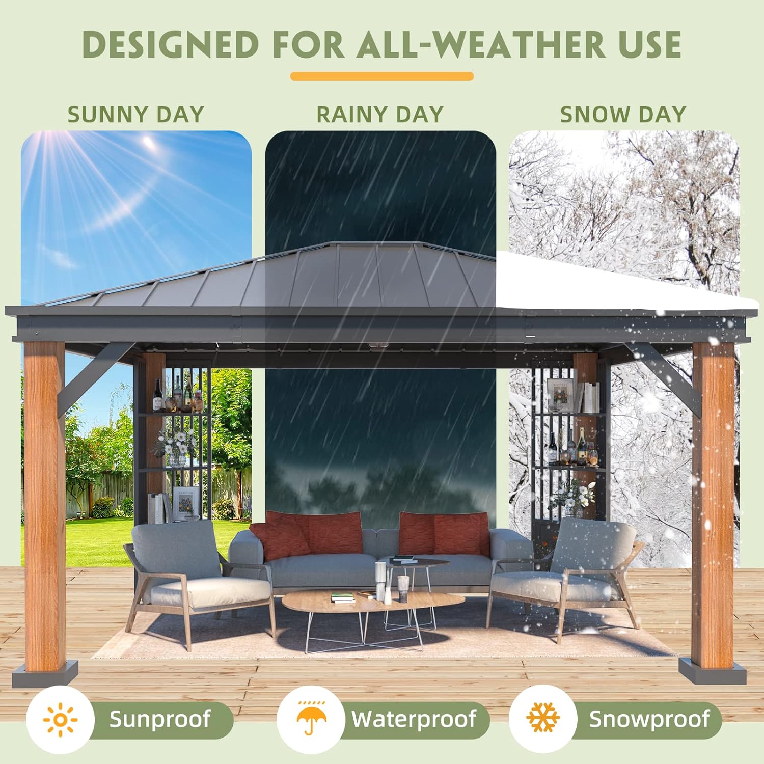 Gazebo designed for all-weather use, showing sunny, rainy, and snowy conditions