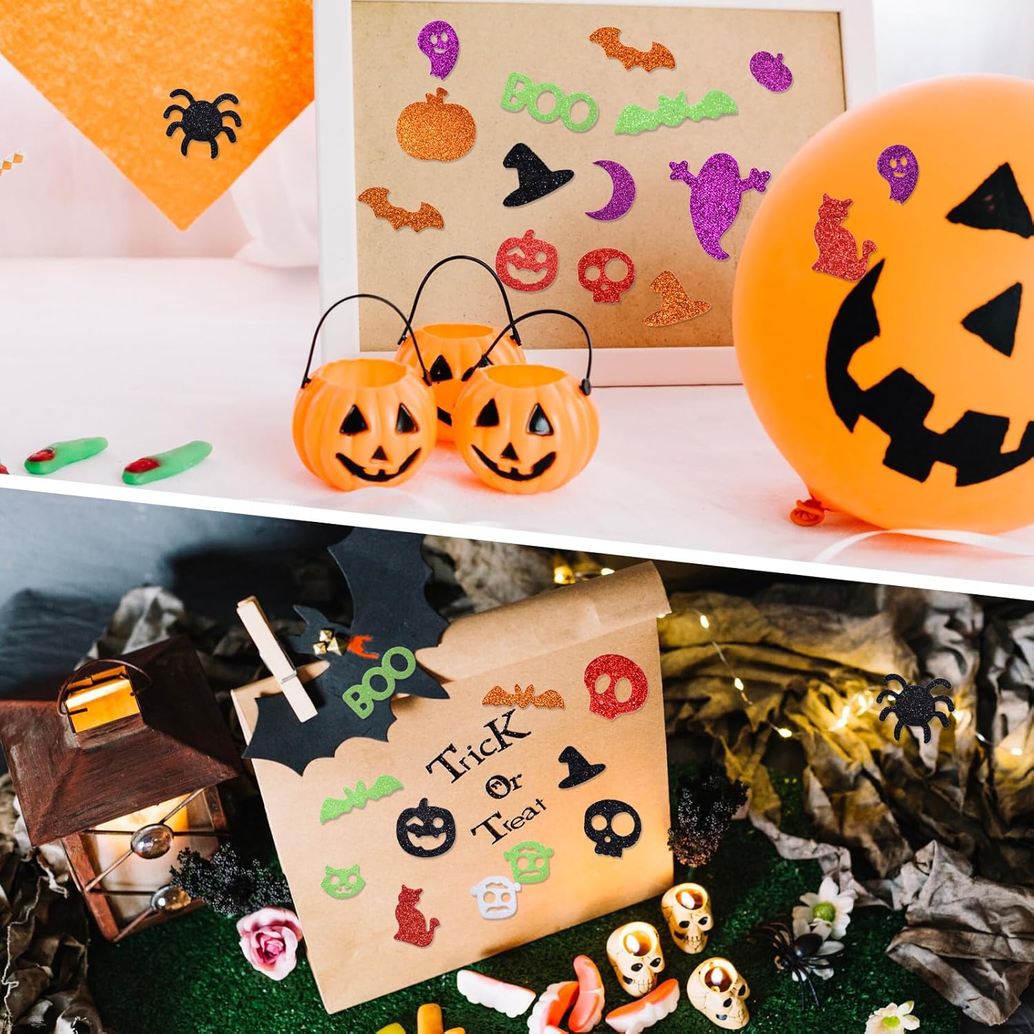 500 Pieces Halloween Glitter Foam Stickers – Assorted Ghost, Pumpkin, Bat, Boo, Witch Hat, Spider Self-Adhesive Foam Stickers for Crafts DIY Projects, Party Favor Supplie Halloween Decorations