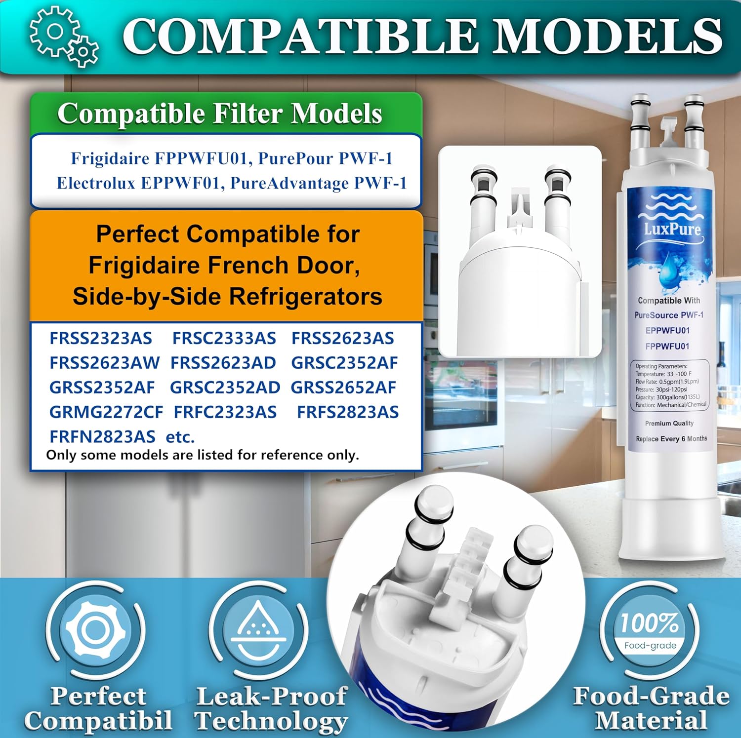 PWF-1 FPPWFU01 Water Filter & PureAir AF-2 FRGPAAF2 Air Filter Combo, Compatible with FRIGCOMBO6, FRFC2323AS, FRFG232LAF, FRFN2823AS, FRFS2823AD, FRFS2823AS, FRFS2823AW, 2 water filters+2 air filters