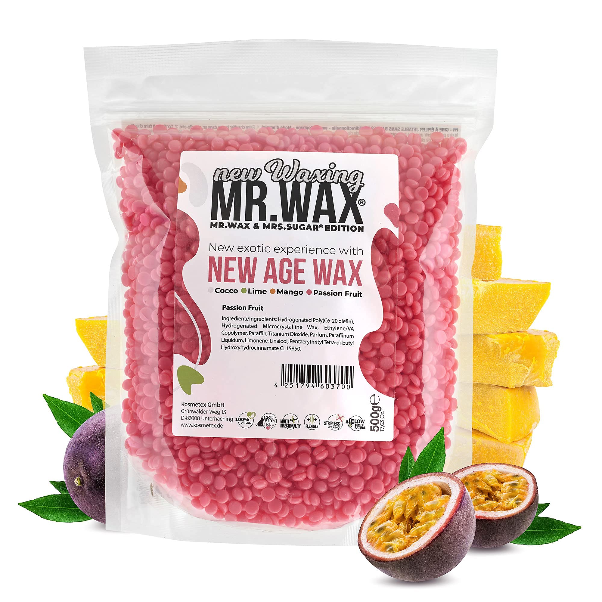 Mr. Wax New Age Waxing Passionsfrucht Wachsperlen für Haarentfernung, Wachs Warmwachs Perlen, schmerzfreie Enthaarung im Gesicht für Augenbrauen, Oberlippe, Intimbereich, Achseln