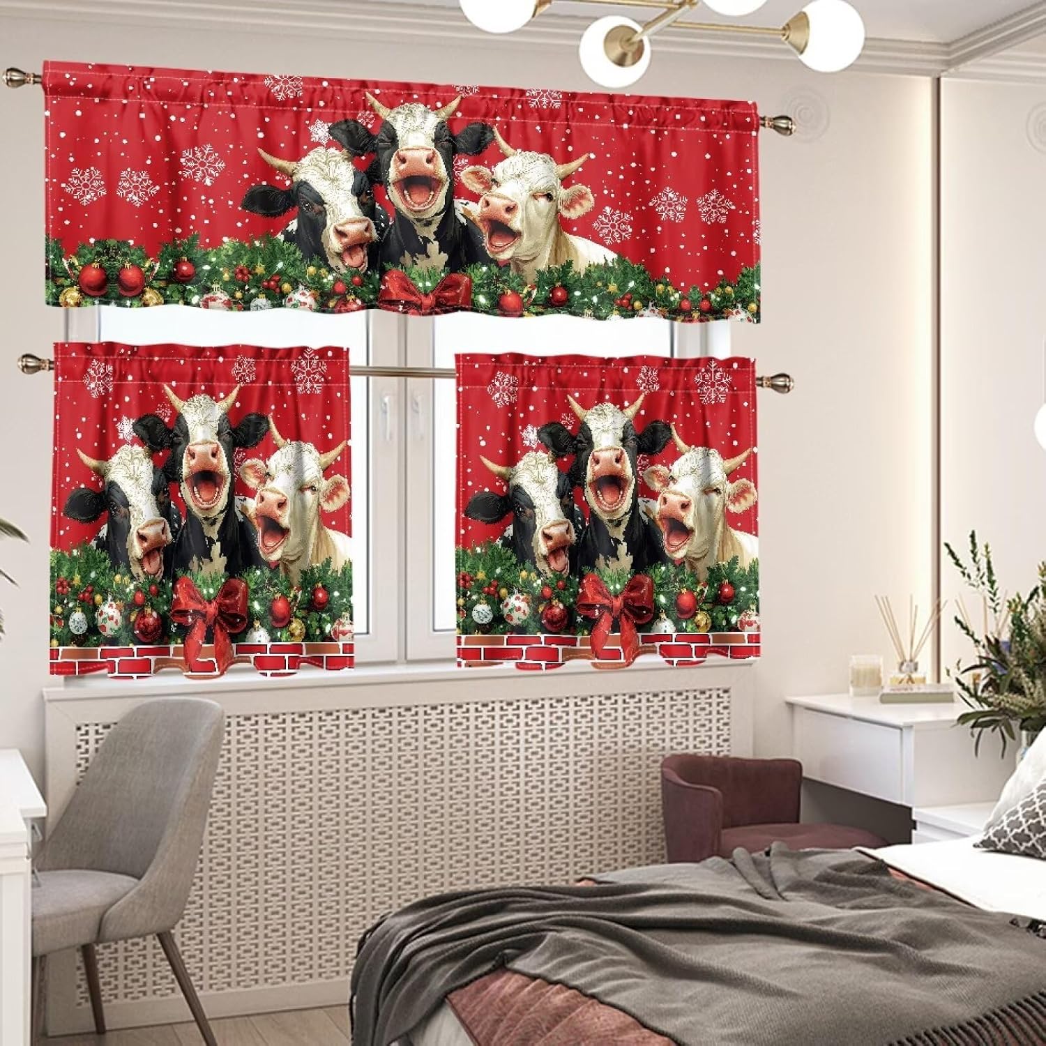 Christmas Cow Curtains for Kitchen Windows 3 Piece Small Kitchen Window Curtain Over Sink Kitchen Window Curtains for Cafe Bathroom Living Room