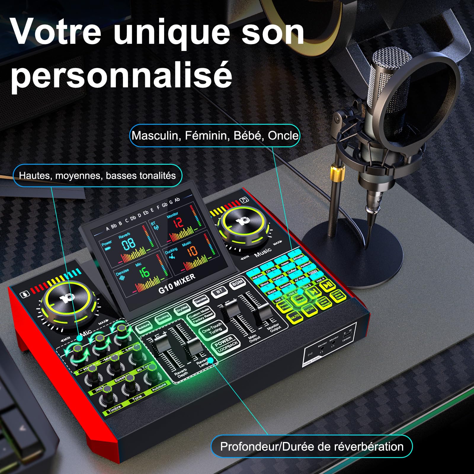 G10 Kit Podcast avec Micro Condenseur P15 et Table de Mixage Live Sound Board - Changeur de Voix, Réduction de Bruit, Mode Follow Singing Karaoké pour Streaming, Gaming, Chant, Podcast Débutant