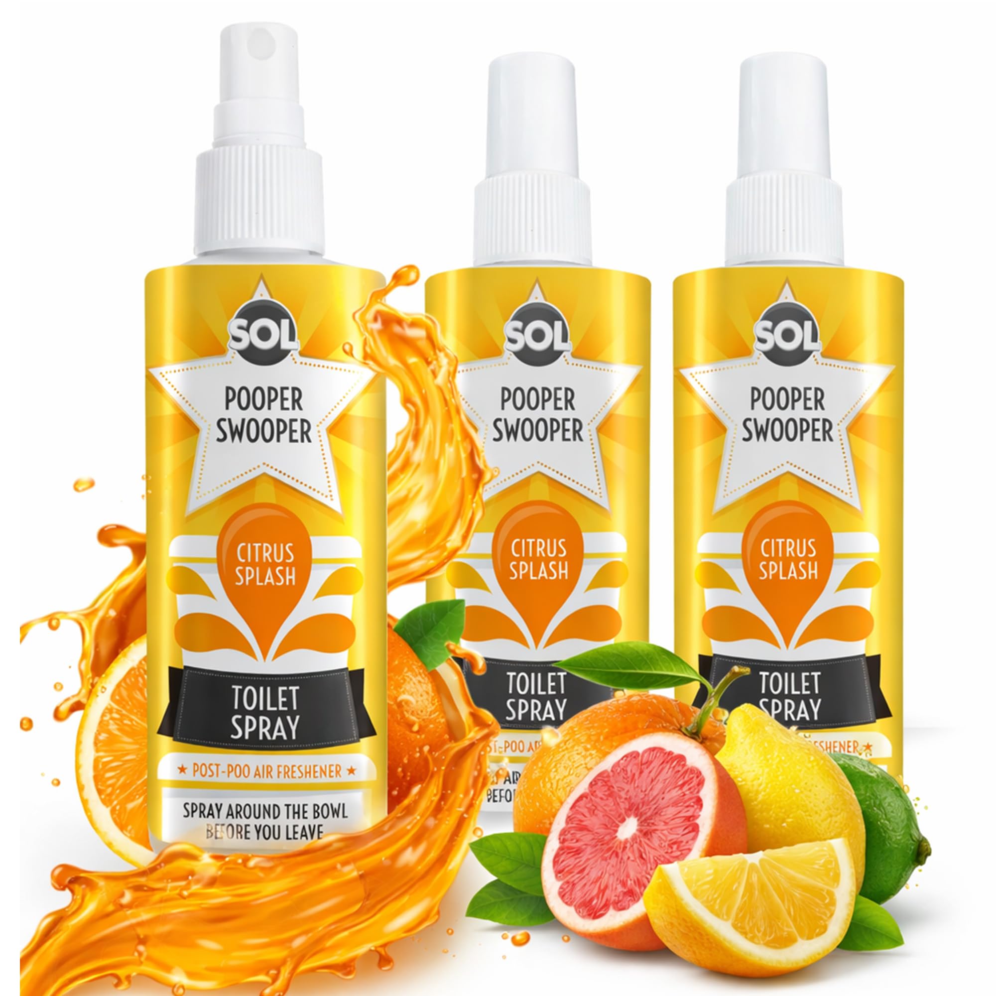 3pk x 60ml Pooper Swooper Toilet Spray Freshener Citrus Splash Fragrance 1,000+ Sprays per Pack, Air Refresher for Public Bathrooms, Office, Home, Travel-Friendly Cleaning Solution for Poo Odours