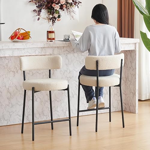 Miniatura 8 de Furnilivng - Juego de 2 taburetes de bar de 24 pulgadas, modernos taburetes de bar Boucle con respaldo curvado y marco de metal negro, taburetes de