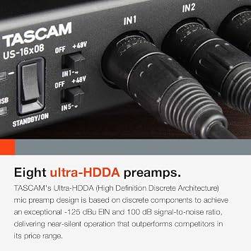 Tascam US-16x08 Rackmount USB Audio/MIDI Interface for Recording, Drum Recording, 8 XLR/8 1/4 Inputs, 8 Outputs, Control Software,Black