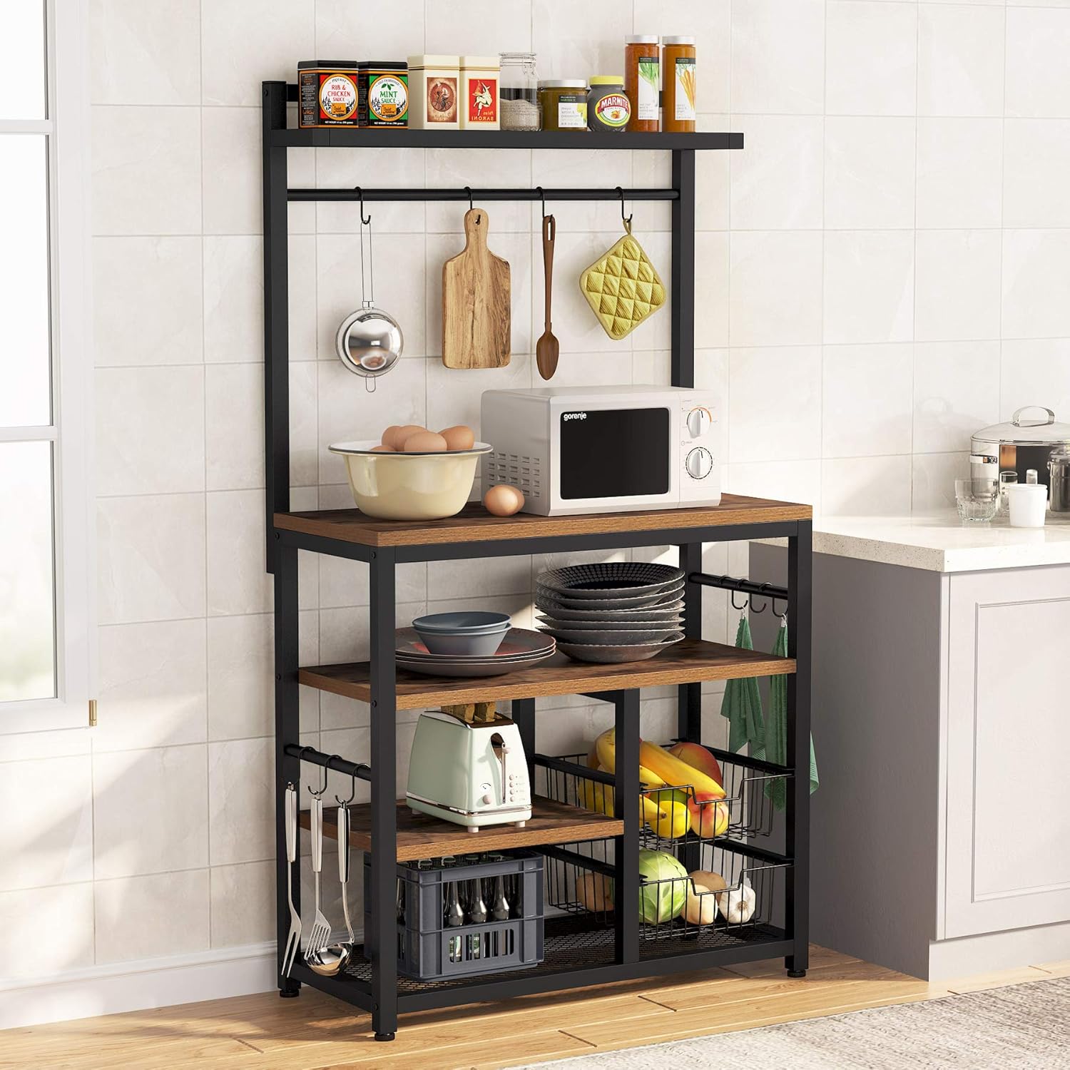 Tribesigns Kitchen Baker's Rack with 10 Hooks, 5-Tier Vintage Utility Storage Shelf, Microwave Oven Stand Rack with 2 Wire Baskets, Floor Standing Spice Rack Organizer Workstation, Vintage Brown - Standing Baker's Racks