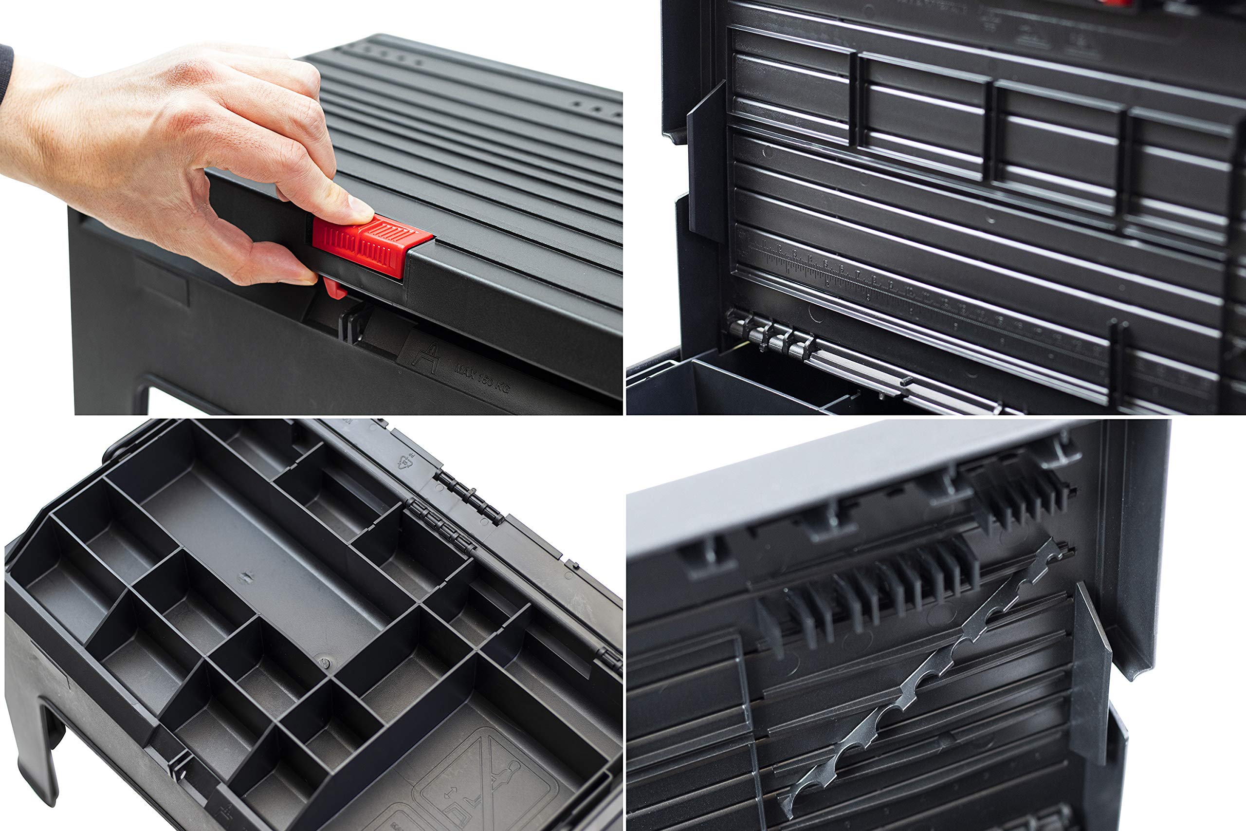 Meister Taburete 3 en 1 – 460 x 280 x 300 mm – con caja de herramientas y bandeja para herramientas – Capacidad de carga de 150 kg – De polipropileno estable/Caja de herramientas/Caja de