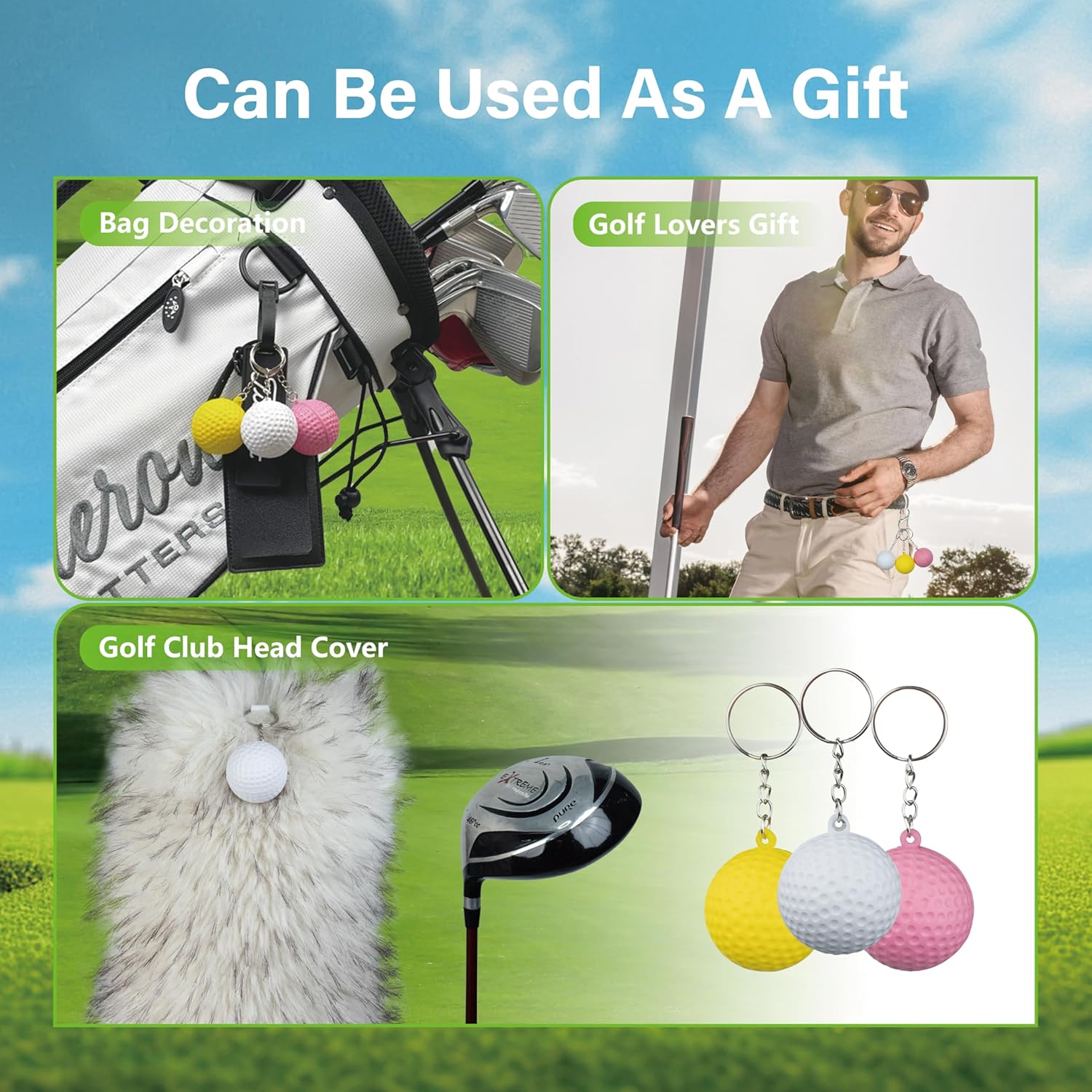 SANDIAN, Soft PU Golf Ball Set, 3 Balls with Carabiner Clip, Bag Charms, Key Chains, White Yellow Pink Pack - Image 7