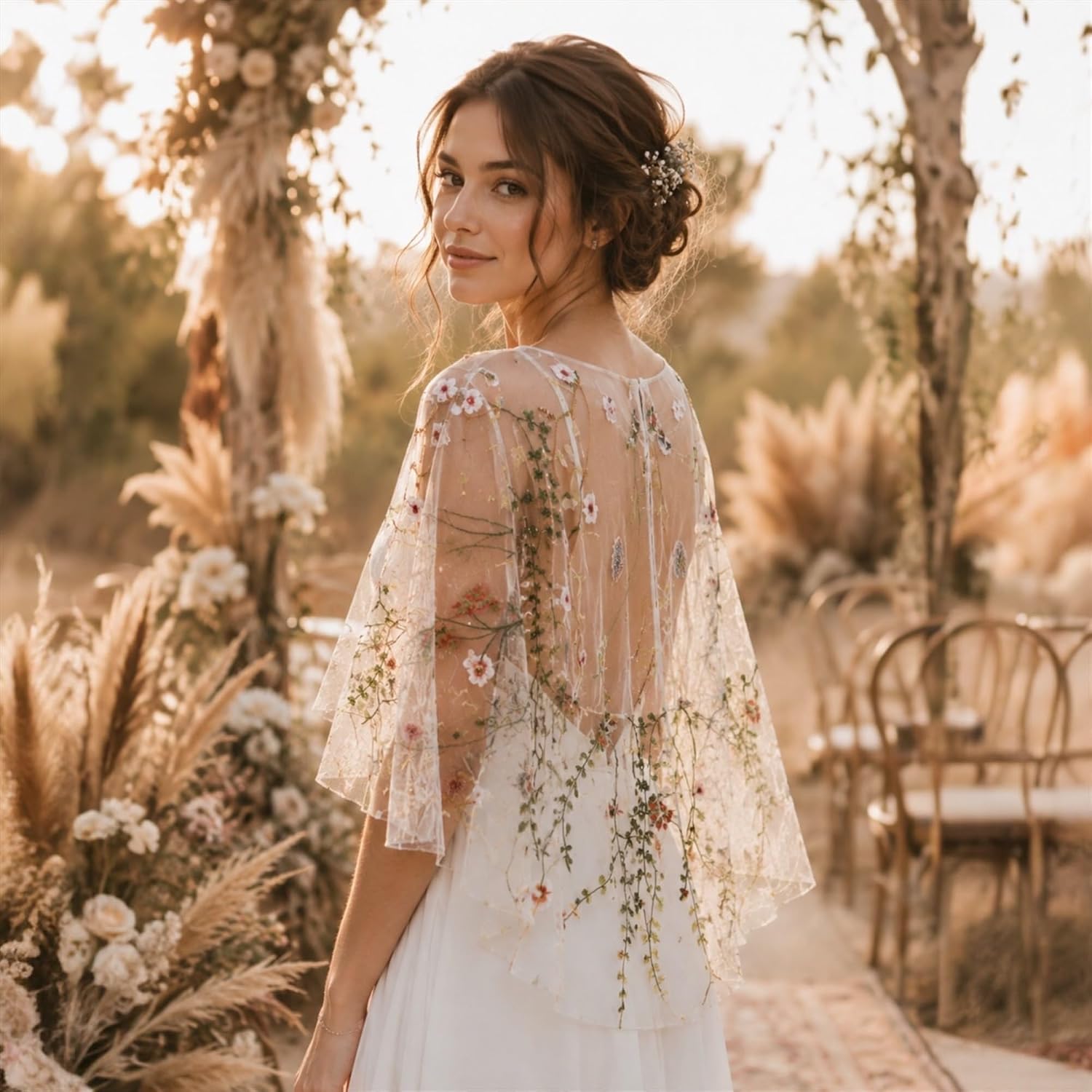 Floral Embroidered Bridal Capelet, Boho Wedding Cape, Sheer Bridal Overlay, Lightweight Bridal Topper for Wedding Dress