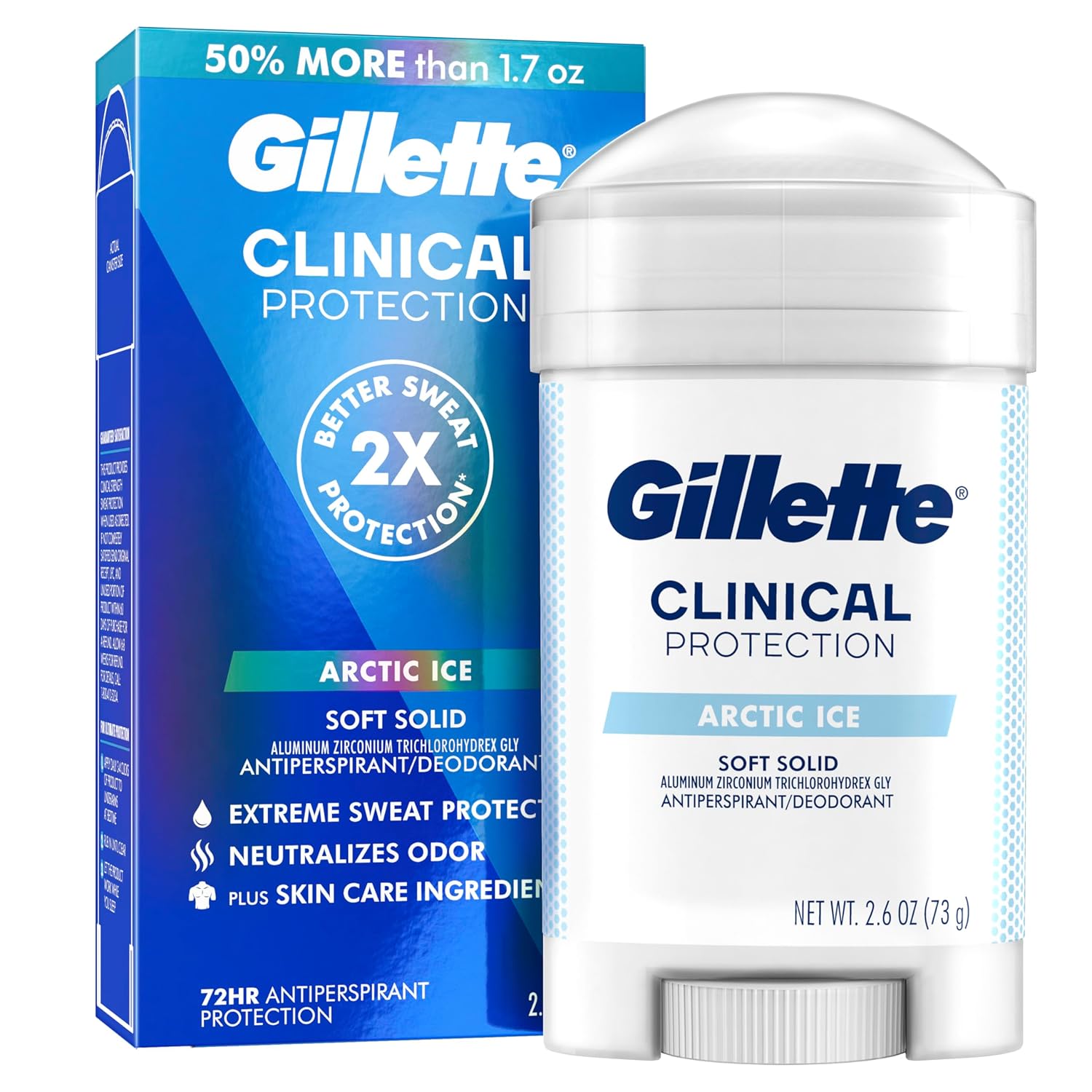 Gillette Clinical Antiperspirant and Deodorant for Men, 72hr Sweat & Odor Protection, Long Lasting Freshness, Anti-White Mark Technology, Soft Solid, Arctic Ice Scent, 2.6 oz Gillette Clinical Antiperspirant and Deodorant for Men, 72hr Sweat & Odor Protection, Long Lasting Freshness, Anti-White Mark Technology, Soft Solid, Arctic Ice Scent, 2.6 oz
