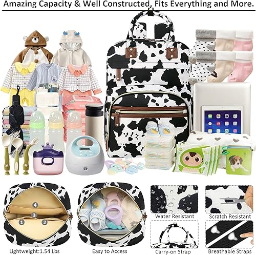 Miniatura 3 de Mochila de pañales para bebé de gran capacidad con bolsillos aislados, impermeable, elegante diseño de estampado de vaca, adecuada para niños y niñas
