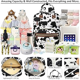 Tenot Large Capacity Baby Diaper Bag Backpack with Insulated Pockets, Waterproof, Stylish Cow Print Design, Suitable for Boys and Girls