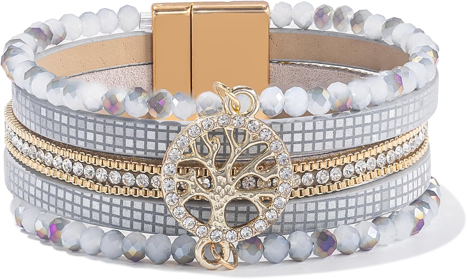 FANCY SHINY Tree of Life Leather Wrap Bracelet Beaded Crystal Bracelet Boho Jewelry Gifts for Women with Magenetic Clasp
