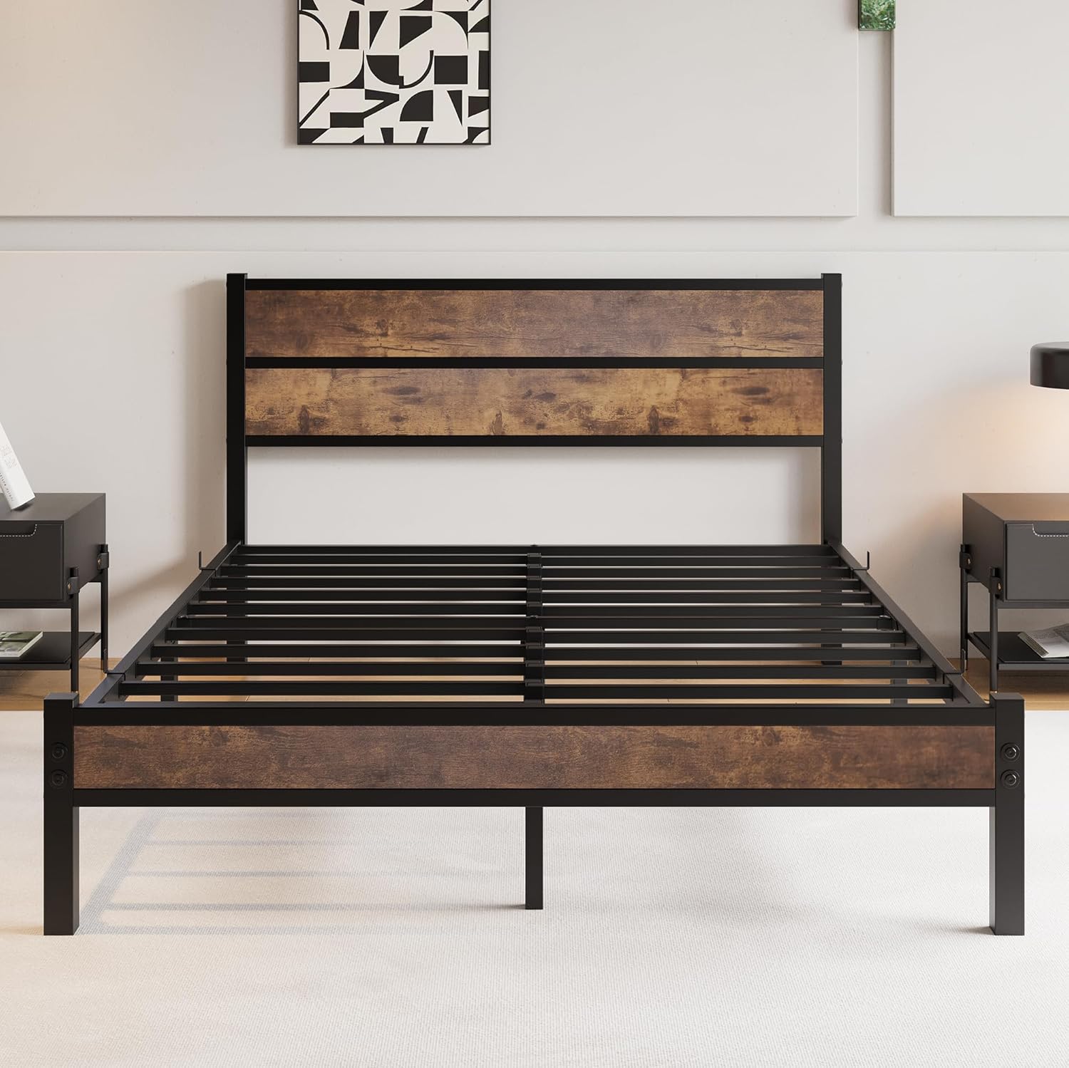 DUMEE Queen Bed Frame with Wood Headboard and Footboard, Metal Bed Frame Queen Size Under Bed Storage, No Box Spring Needed, Enhanced Support Noise Free (Black+Brown Oak) - Image 4