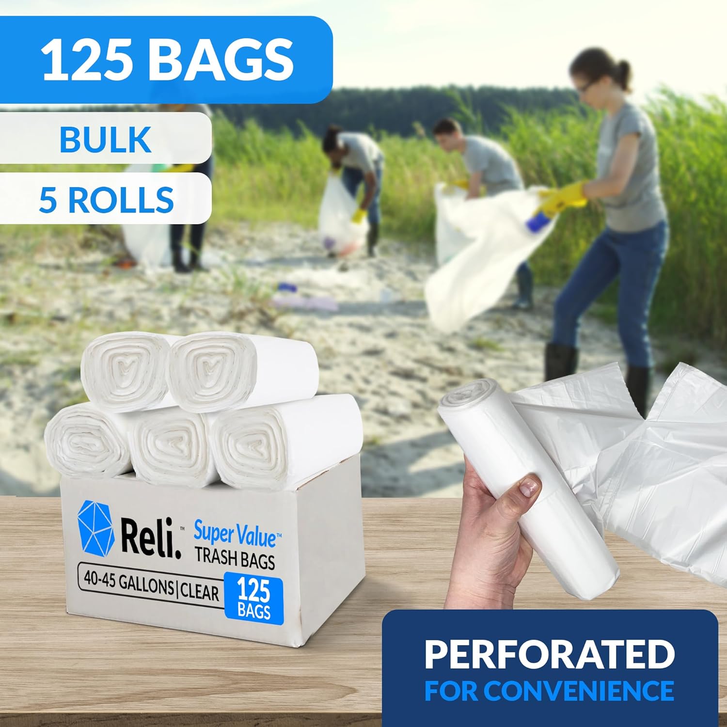 reli. 40 to 45 gallon trash bags heavy duty | 125 trash bags with ties | super sizeable, clear, serious garbage cleanup