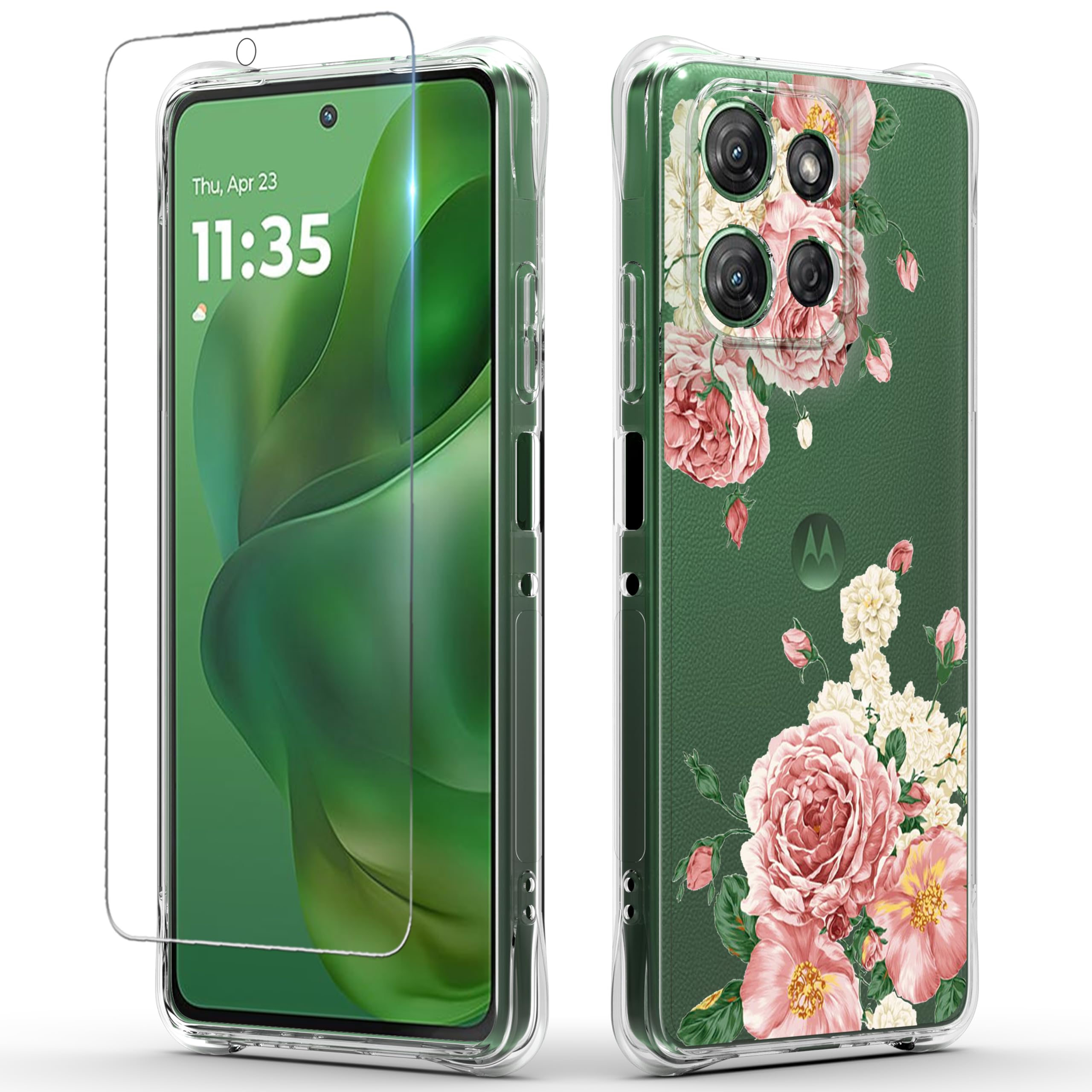 for Moto G Power 2025 Case: Women Girls Flower Floral with Screen Protector Flexible TPU Rubber Phone Cover for Moto G Power 2026 Case(Big Rose Flower