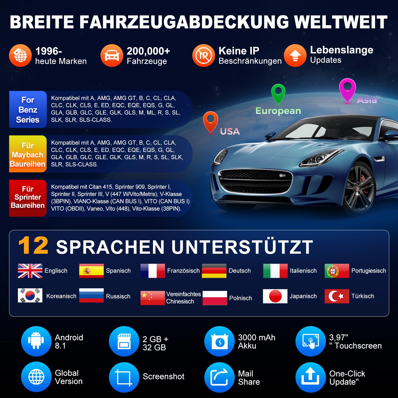 LAUNCH Creader Elite 3.0 OBD2 Diagnosegerät für Benz/für Maybach/für Sprinter die gleiche Funktion wie LAUNCH X431 diagnosegerät, 50+ Reset-Funktion,aktiver Test,ECU-Codierung