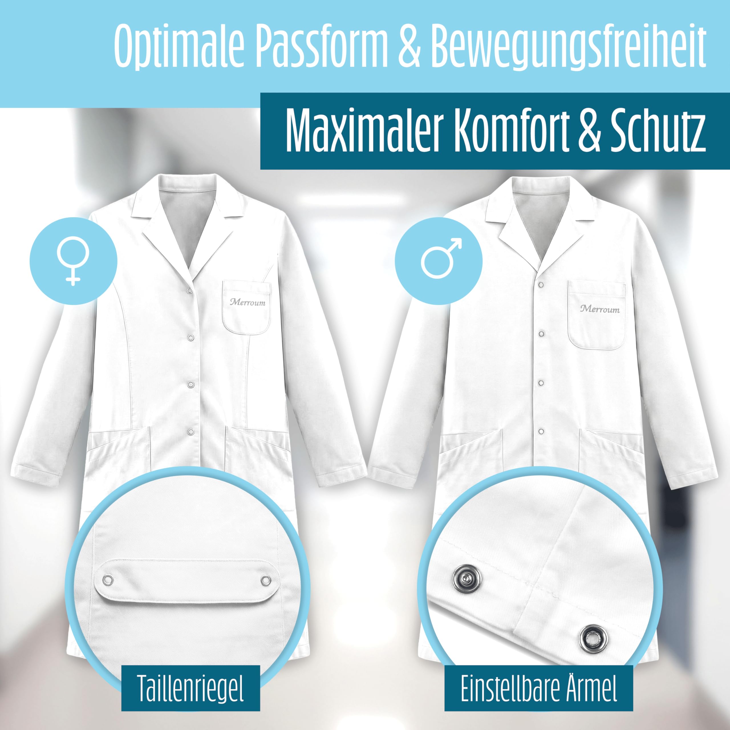 Blusa de laboratorio para hombre y mujer (corte ancho, 100% algodón sarga 200 g/m², 6 tallas (XS-2XL) - Botones metálicos - Bata médica blanca