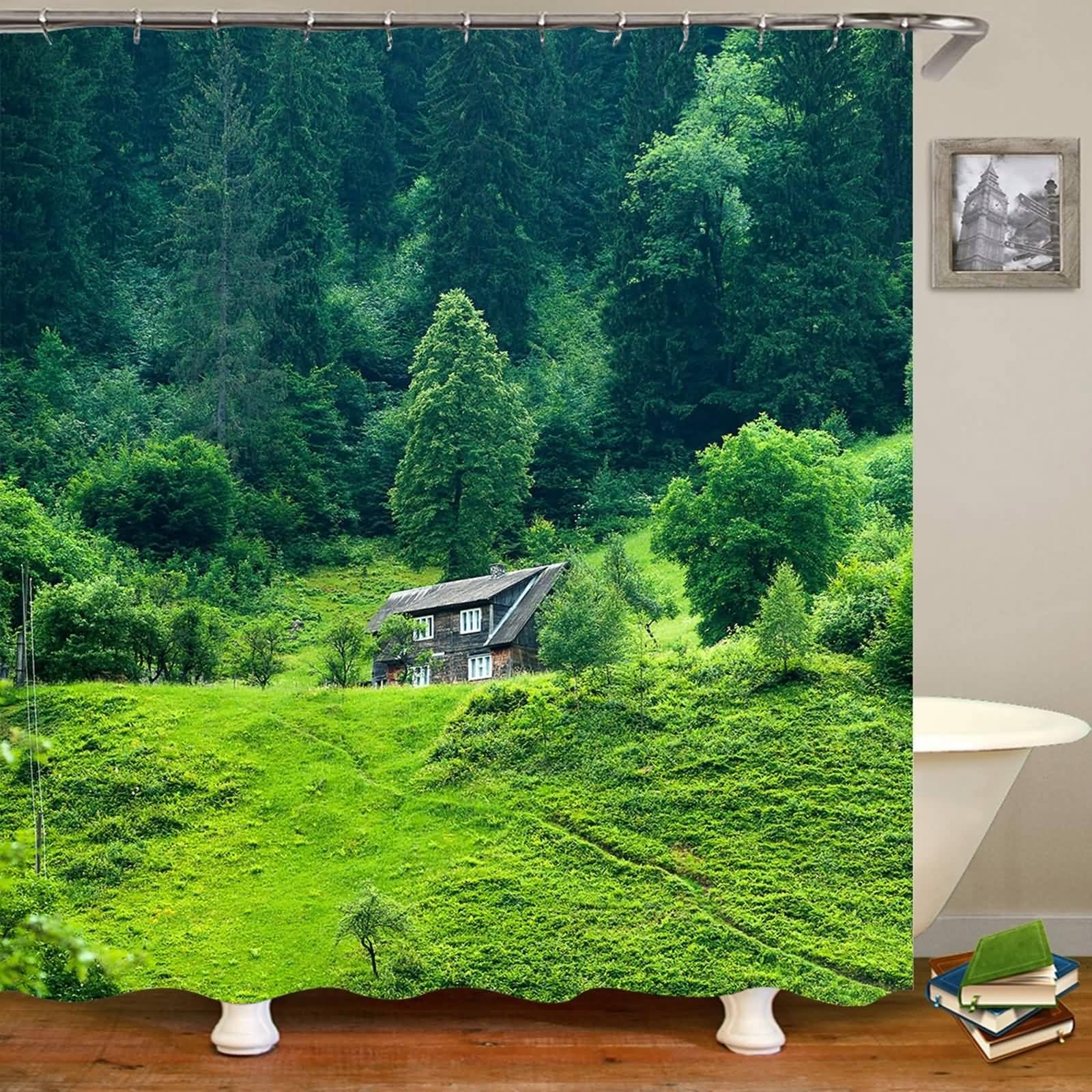 Tenda Doccia 180x200 Tessuto, Poliestere Multicolore Montagna e casa in legno Tenda doccia per bagno vasca da bagno