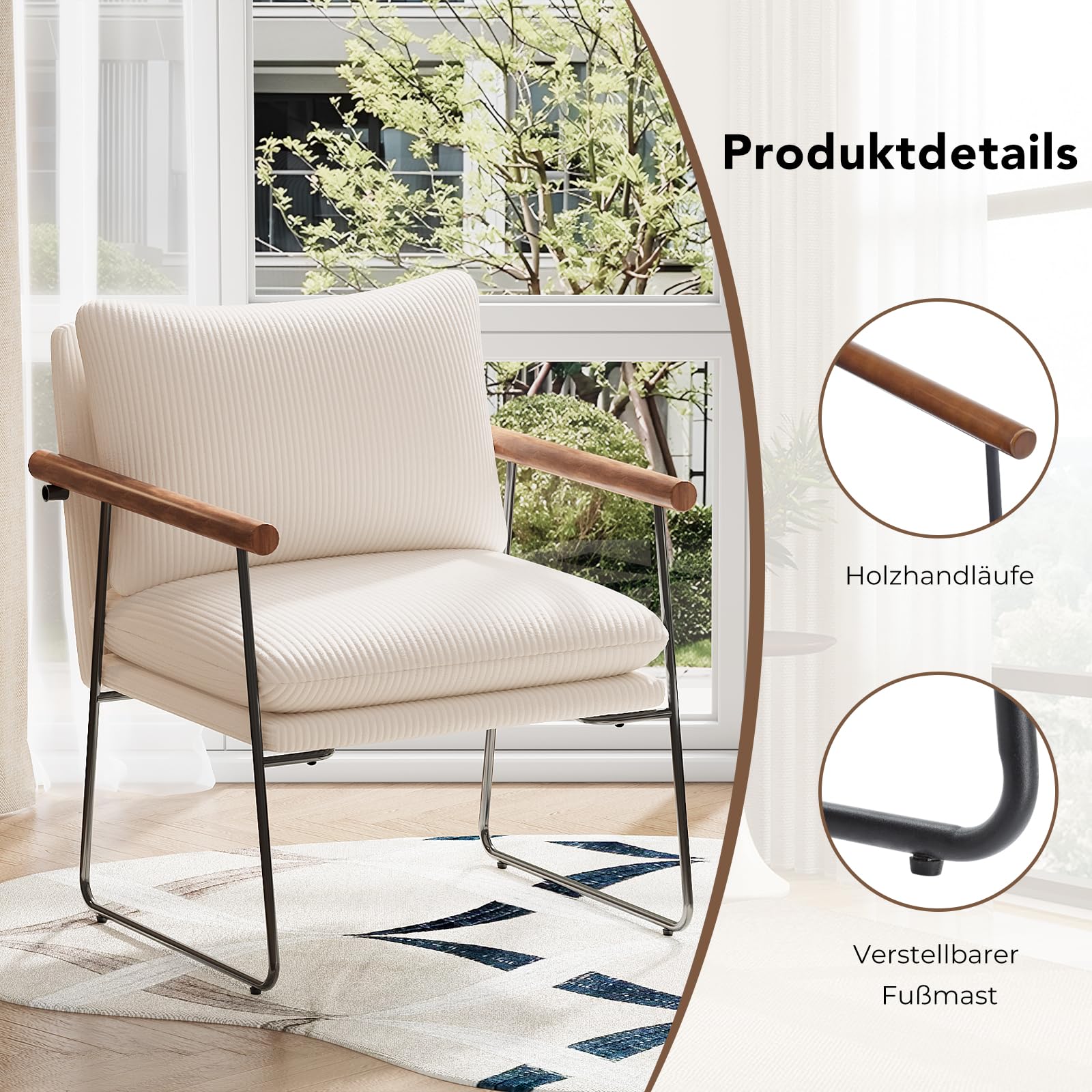 Poltrona Salotto Scandinava, Poltrona Camera da Letto con struttura in metallo, Poltroncina Imbottita Sedie Sala da Pranzo con Braccioli per Soggiorno Camera da Letto Sale da Pranzo, Beige