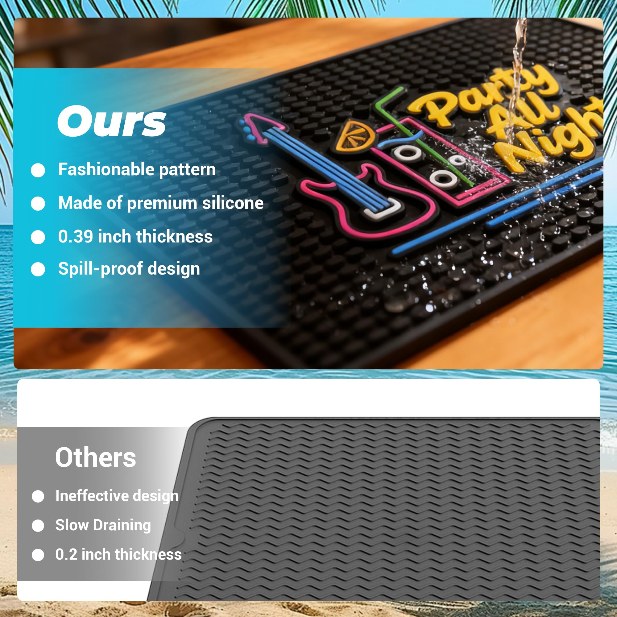 ZJWZLG Neon Tiki 18"x12" Rubber Bar Mat, Non-Slip Spill Mat, Black — Amazon image 4