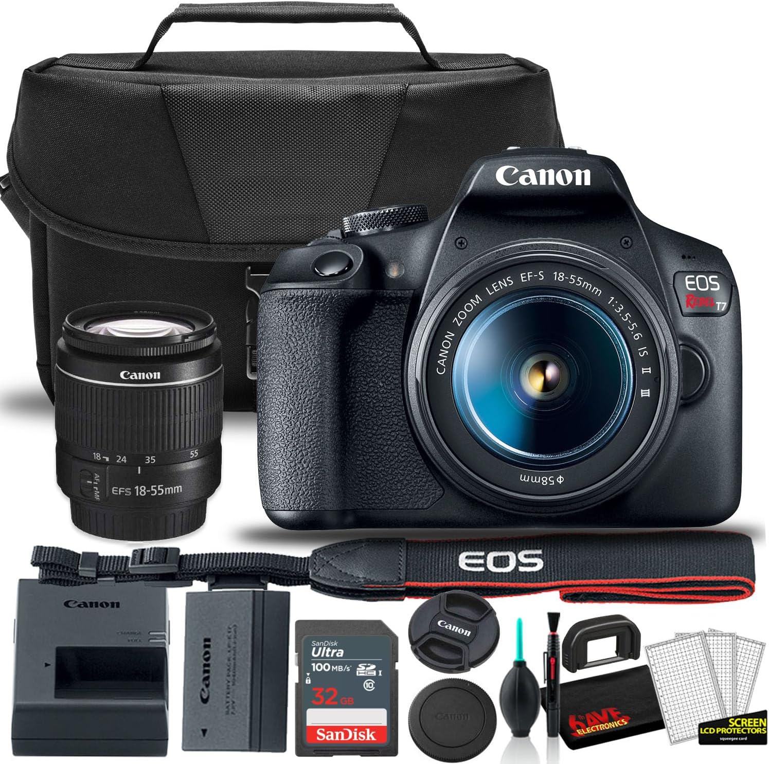 Canon EOS Rebel T7 DSLR Camera with 18-55mm Lens Starter Bundle + Includes: EOS Bag + Ultra 32GB Card + Clean and Care Kit + More (Renewed)