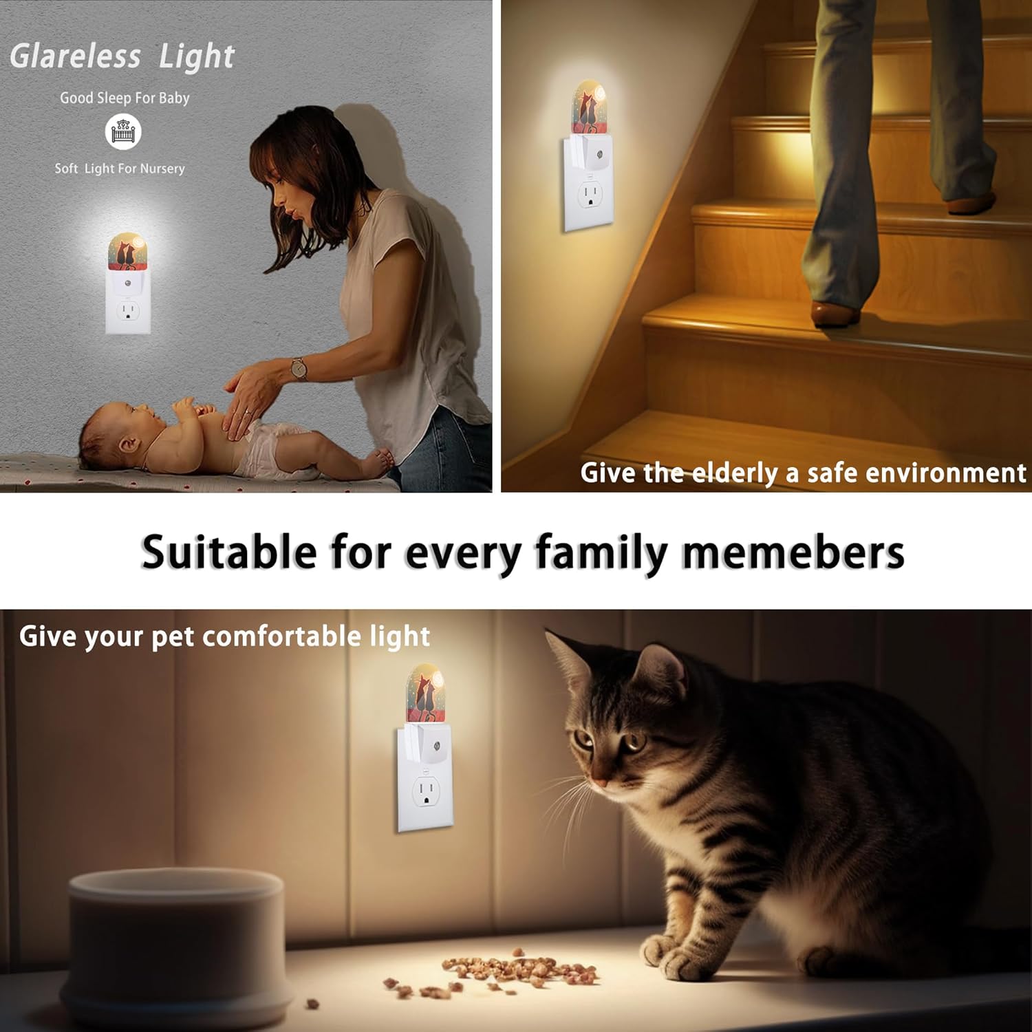 Cat Couple Moonlight Night Lights Plug into Wall for Girls Boys Room,Night Light LED Lamp Dusk to Dawn Sensor Round Lamp for Bedroom Bathroom Hallway Home Wall Decor Nightlight