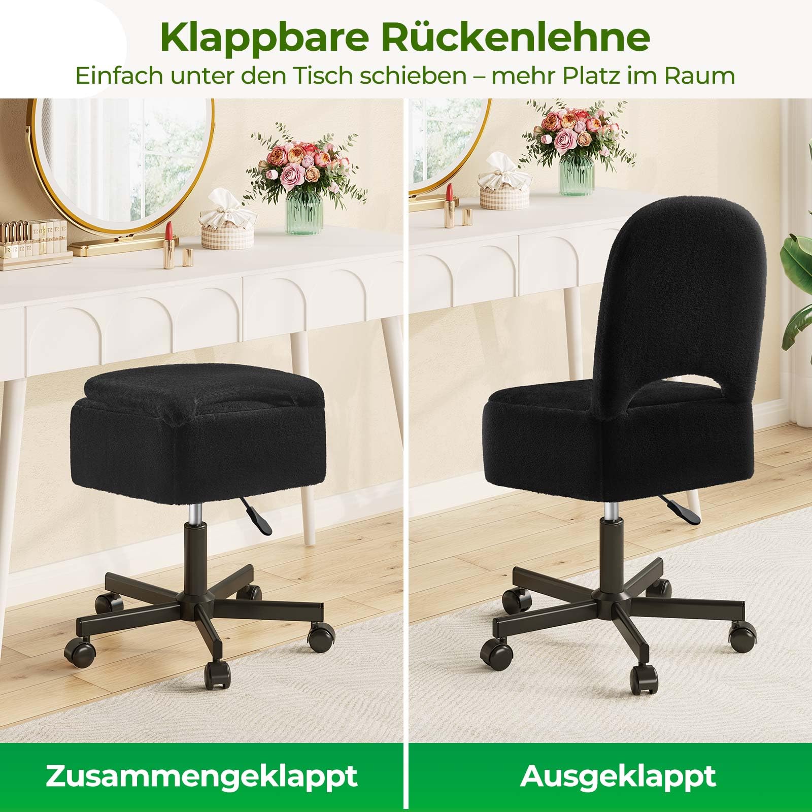 Rolanstar Schminktisch Stuhl mit Stauraum, Schminkstuhl, Höhenverstellbar, 360° Drehbar, Schreibtischstuhl mit Bequemer Klappbarer Rückenlehne, für Schminktisch, Schlafzimmer, Büro (Schwarz, Größe L)