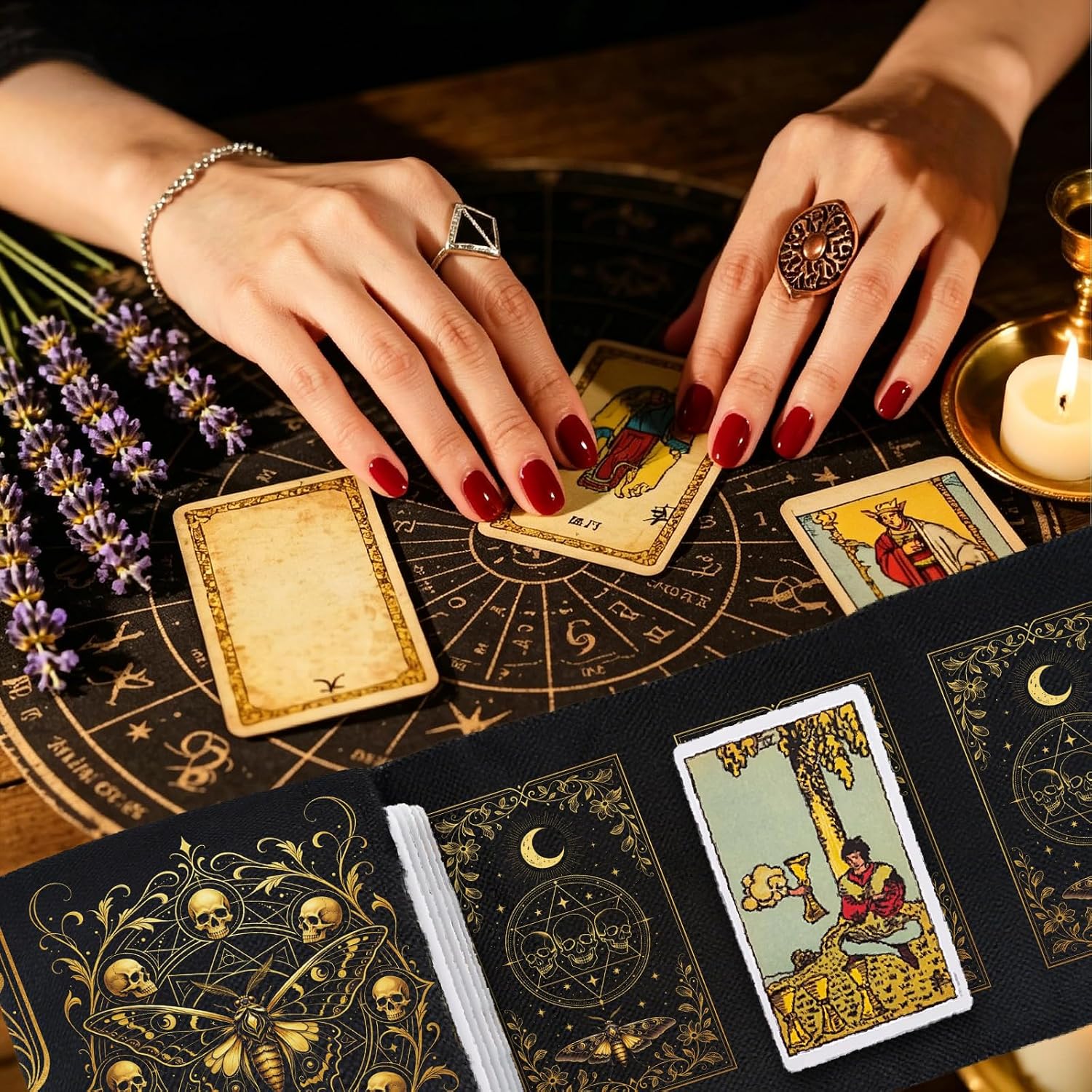 GLOBLELAND 2 Pcs Tarot Card Bags Moth and Skull Pattern Polyester Tarot Card Holder Storage Pouch for Playing Cards Supplies Beginner Divination Lover Gifts