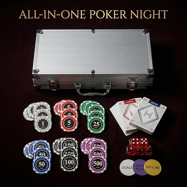 HEITOK Set Poker 300 Fiches Numerate 11,5g Nucleo Metallo - Valigetta Alluminio, Carte, Dadi, Bottoni Blind per Texas Hold'em Professionale - 4