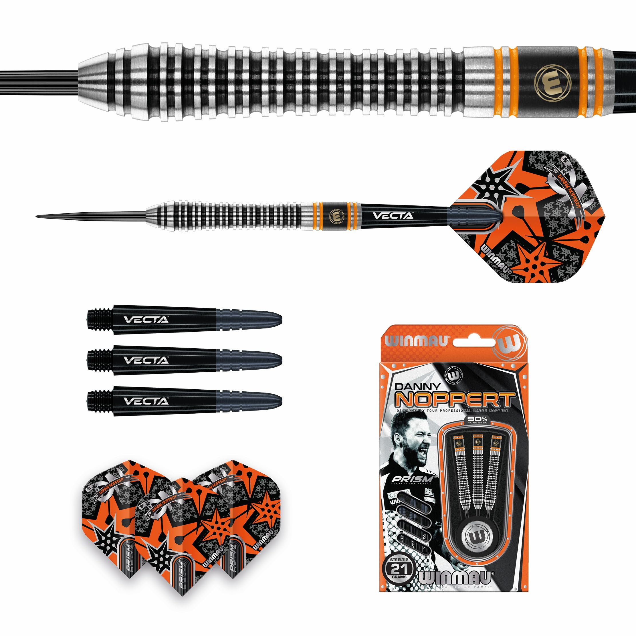WINMAU Danny Noppert Signature Edition 2.0 Series Professional Tungsten Darts Set with Flights and Shafts (stems)