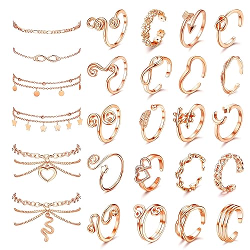 ORAZIO Toe Rings and Ankle Bracelets for Women Silver Rose Gold Plated Anklet Toe Rings Cute Layered Anklets Open Tail Rings Adjustable Beach Foot Jewelry for Summer - Rose Gold Tone