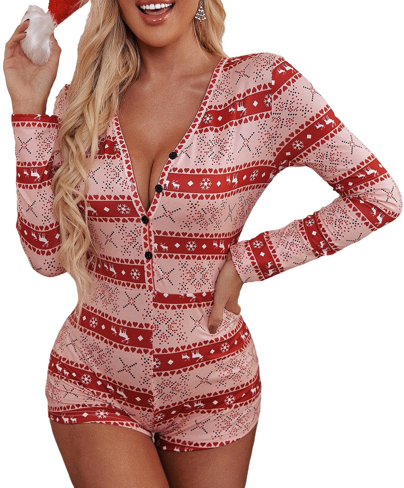 Fiacafyo Women Christmas Shorts Romper Jumpsuit V Neck One Piece Bodysuit Pajama Long Sleeve Bodycon Rompers Overall Sleepwear (B-Pink, M)