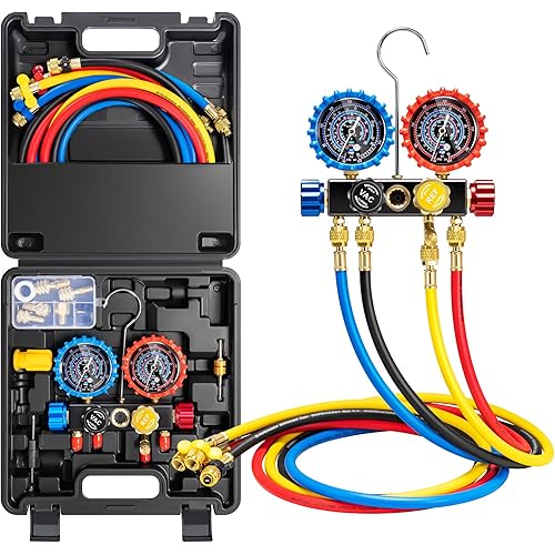 VIVOHOME HVAC Manifold Gauge Set for R410a R454B R32 R22 Refrigerant, 4 Valve Residential Household AC Gauges with 5ft Hoses for Freon Charging and Evacuation