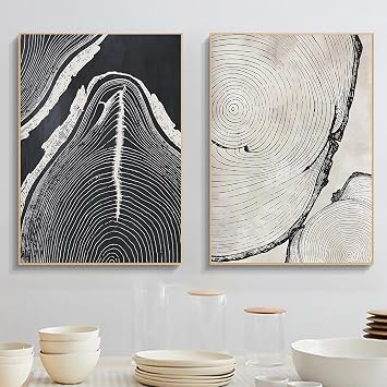 Neutral Black and White Tree Ring Wall Art Prints Modern Neutral Beige Pictures Set of 2 Tree Ring Prints Wall Art Black Beige Abstract Canvas Painting Modern Minimalist Artwork 16x24inx2PCS No Frame